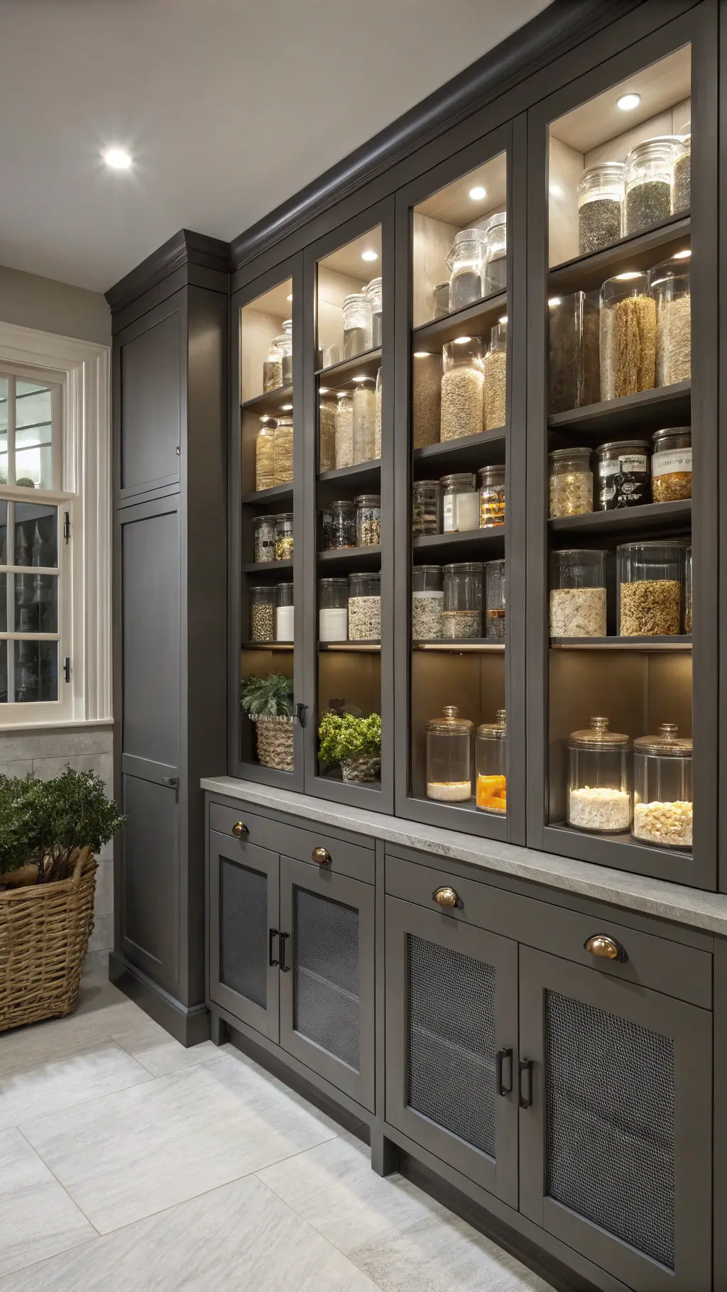 Evening kitchen scene with matte charcoal pantry, illuminated glass cabinets showcasing organized dry goods, metallic accents, and subtle greenery.