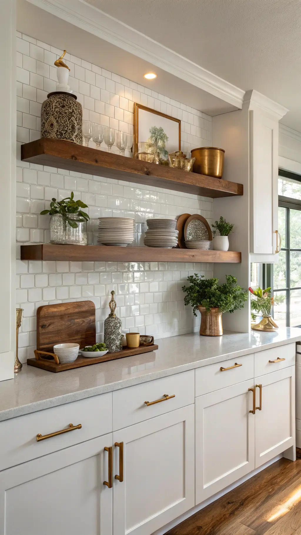 Sunlit modern kitchen with white cabinets, walnut shelves, brass hardware, and warm morning light highlighting ceramics and plants.