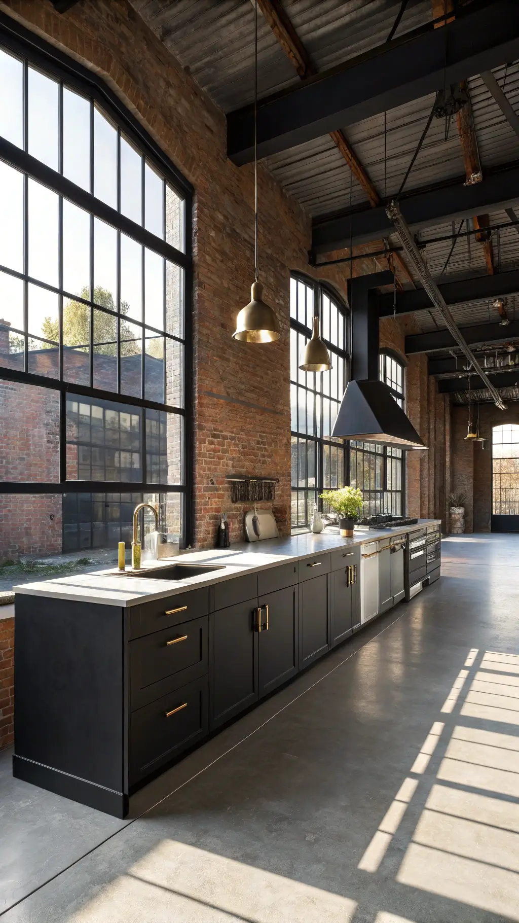 Industrial kitchen with black cabinetry, exposed brick, concrete counters, stainless steel appliances, and morning light shadows.