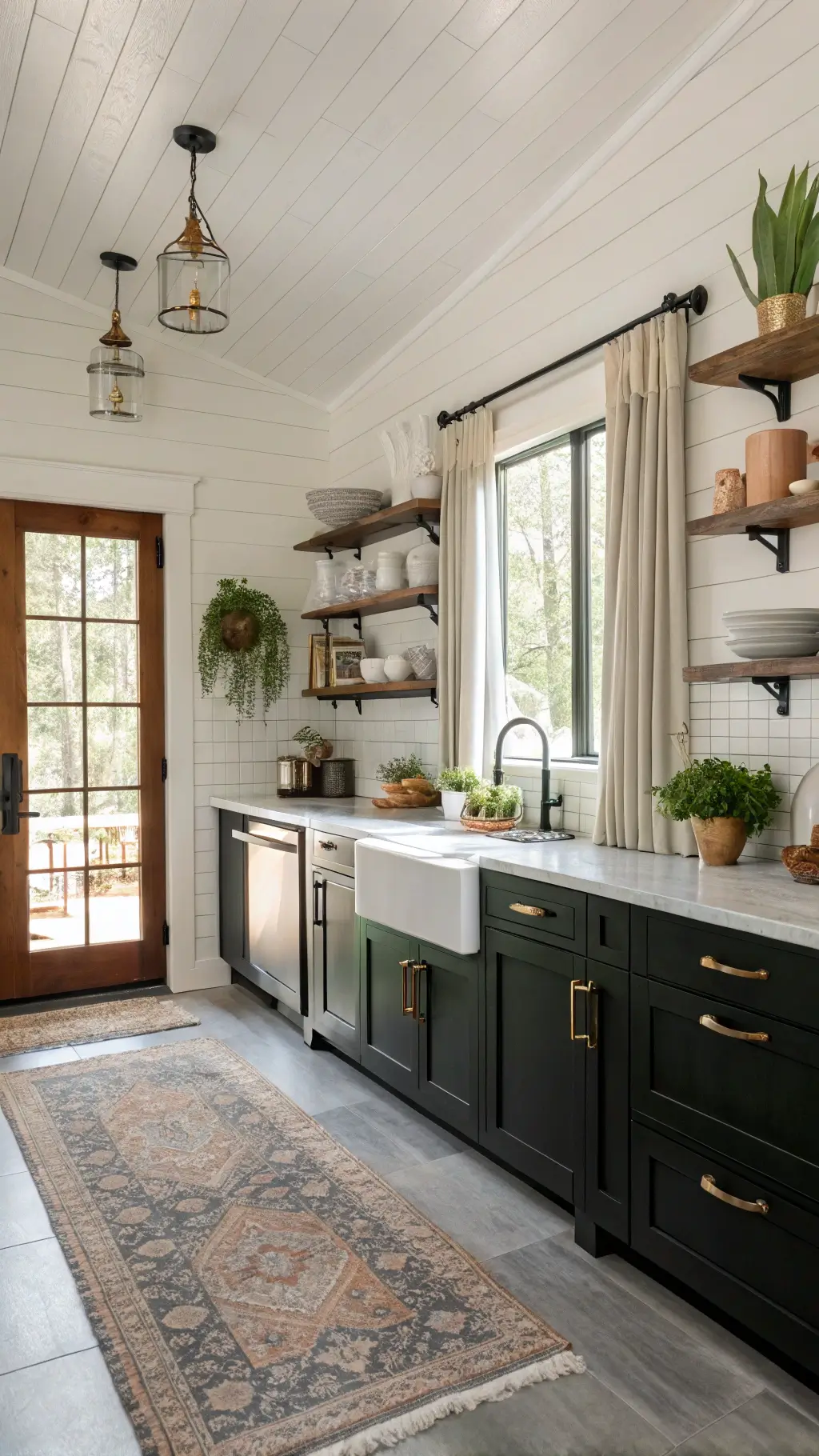 Cozy modern farmhouse kitchen with black shaker cabinets, white shiplap walls, soapstone counters, brass hardware, open shelves with pottery and herbs.
