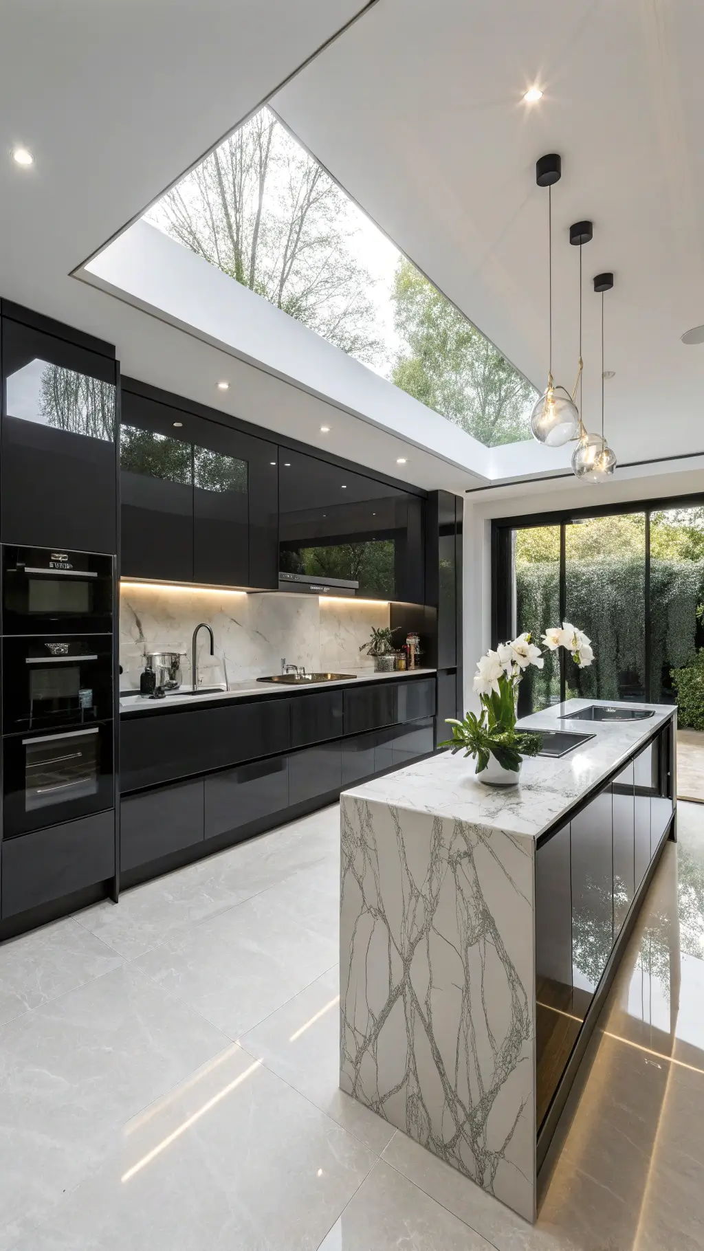 Sleek minimalist kitchen with glossy black handleless cabinets, marble island, skylight, and chrome details.