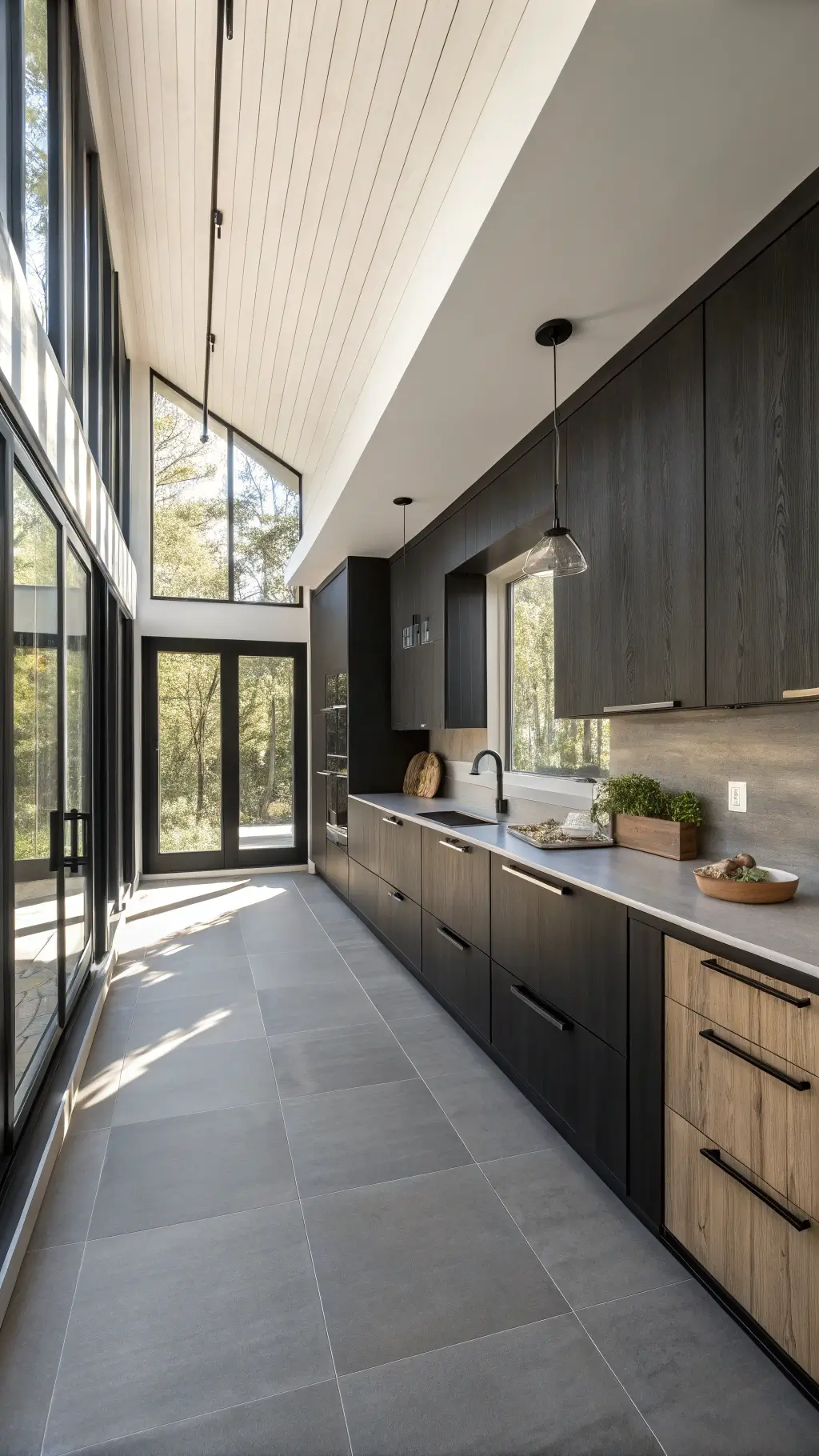 Scandinavian-inspired kitchen with black oak cabinets, pale limestone countertops, and steel-framed windows casting morning shadows.