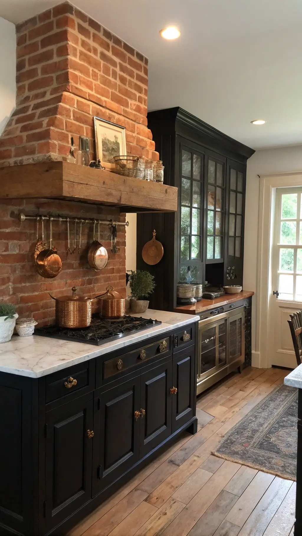 Vintage-inspired kitchen with black beadboard cabinets, brick chimney, brass hardware, and marble butcher block island illuminated by warm afternoon light.