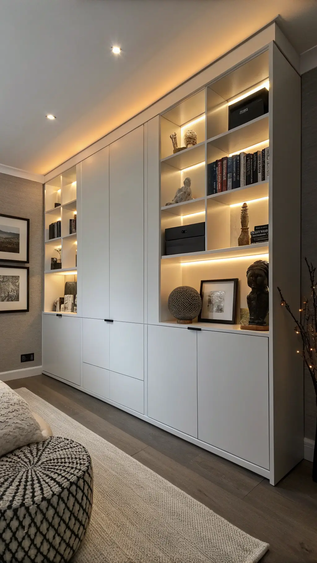 Modern Scandinavian bedroom showcasing a sleek white lacquer cabinet with warm LED shelf lighting, minimalist decor, and textured knit baskets against muted gray walls.