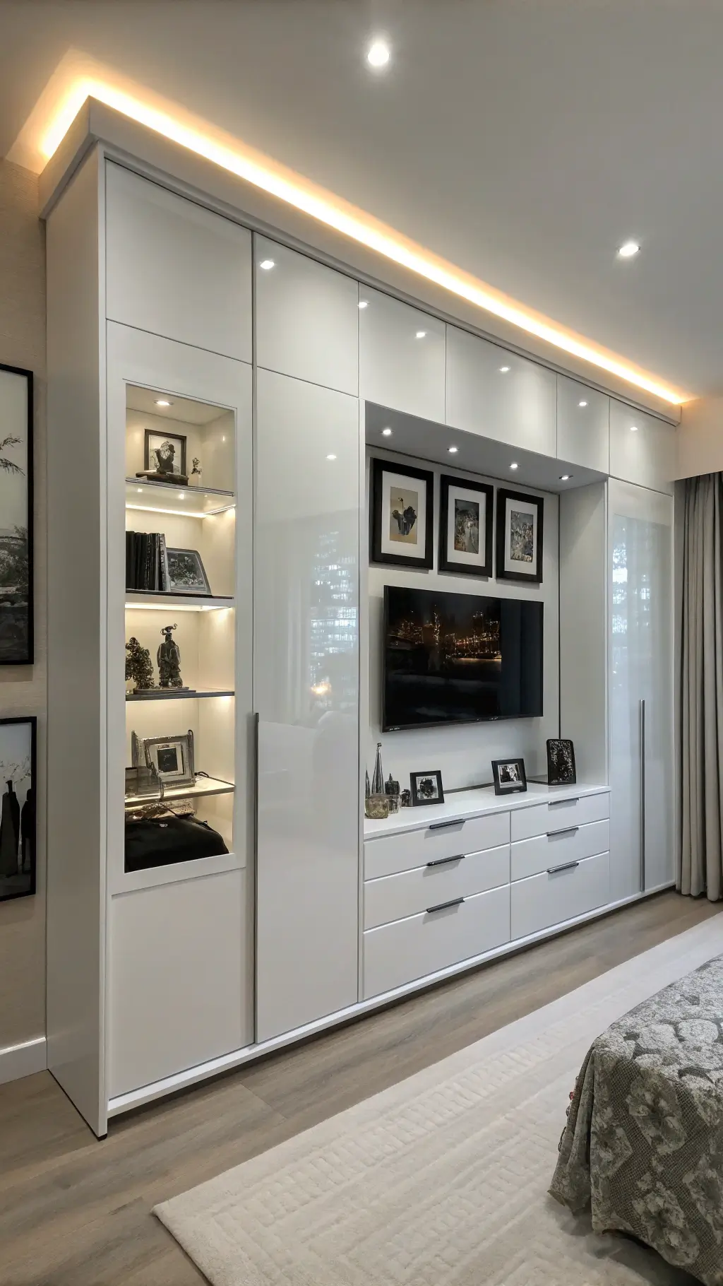 Sleek micro-bedroom with glossy white built-in cabinet, integrated LED strip lighting, symmetrical decor featuring monochrome photography and chrome accents.