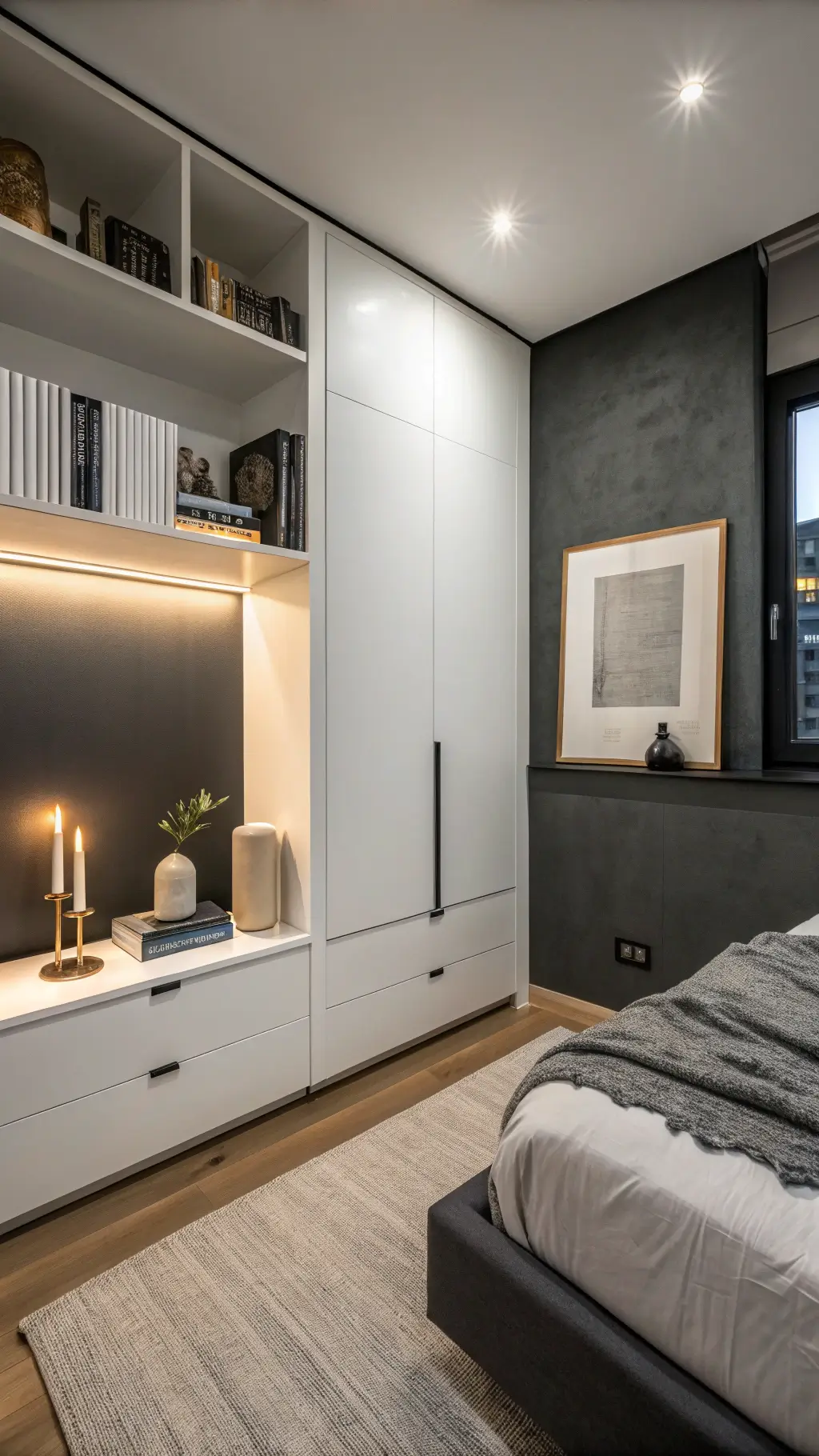 Overhead view of a minimalist micro-bedroom with a floating white cabinet on a charcoal wall, featuring nested ceramic vessels, brass candlesticks, and an art book arranged with balanced lighting and ample negative space.