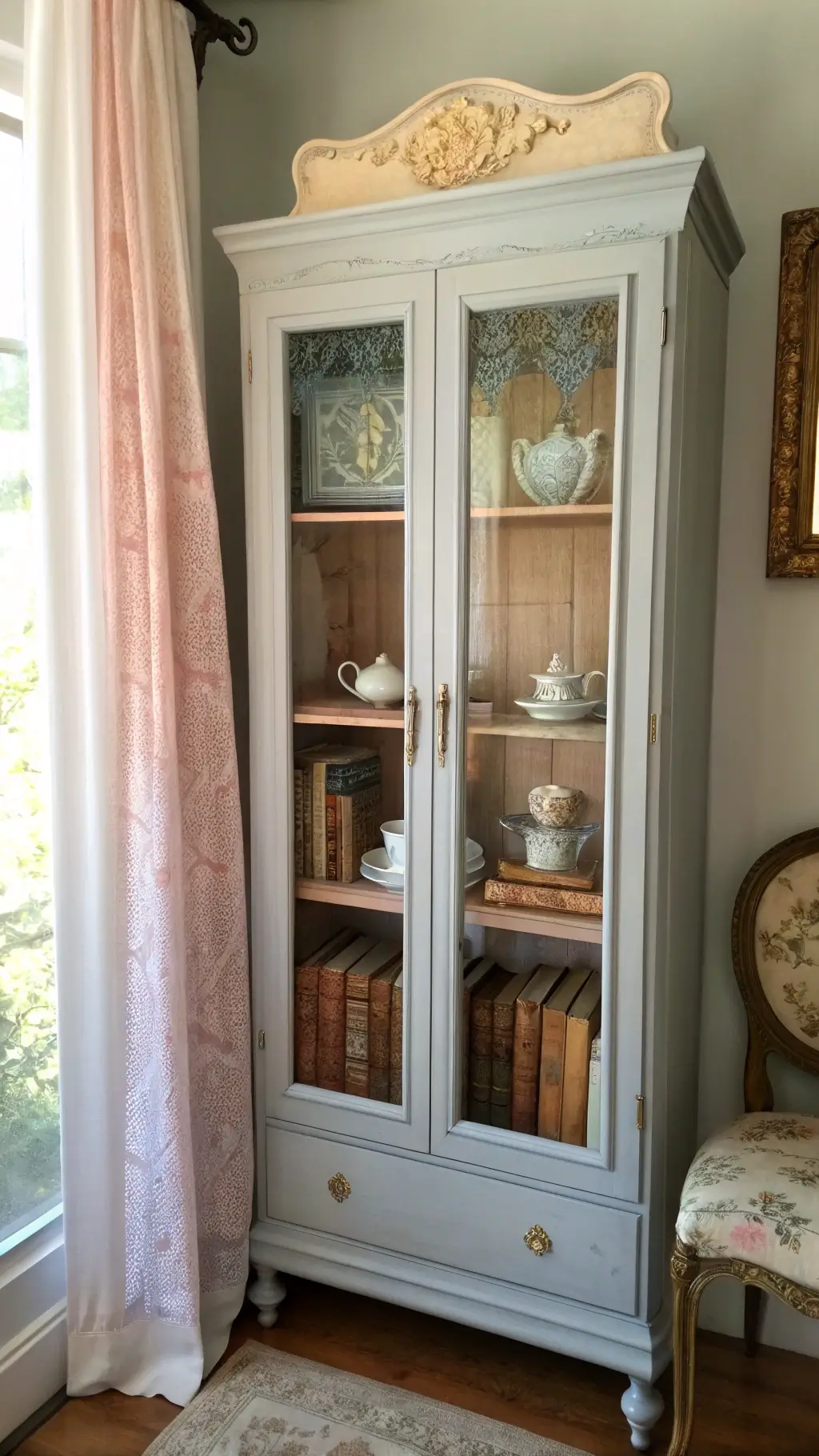 Close-up of a French country-inspired cabinet bathed in soft morning light, featuring vintage teacups, aged brass frames, and antique leather-bound books in pastel hues, with lace curtains casting a gentle glow.