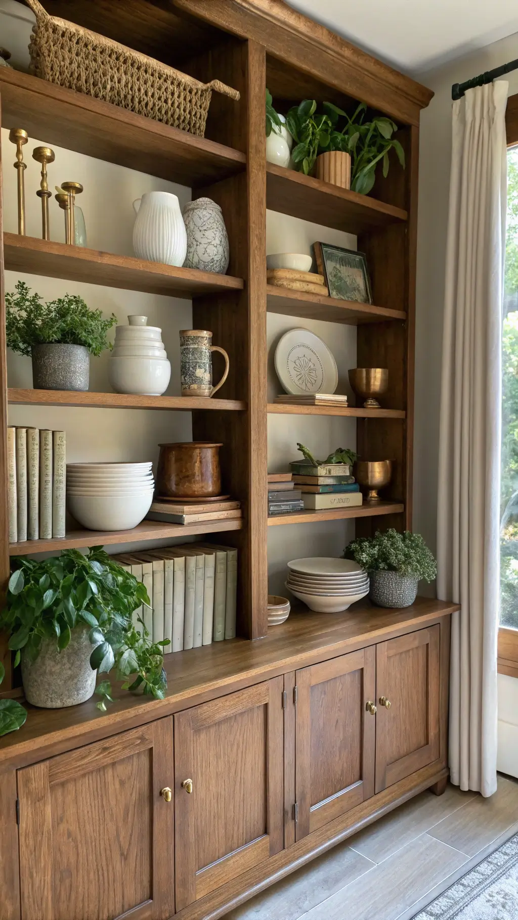 Open hickory shelving displaying stoneware, vintage cookbooks, brass accents, and trailing plants bathed in warm afternoon light.