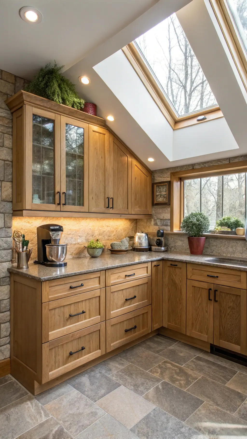 L-shaped hickory kitchen corner with stone backsplash, morning light highlighting wood grain, ceramic canisters, mixer, and potted herbs on countertop.