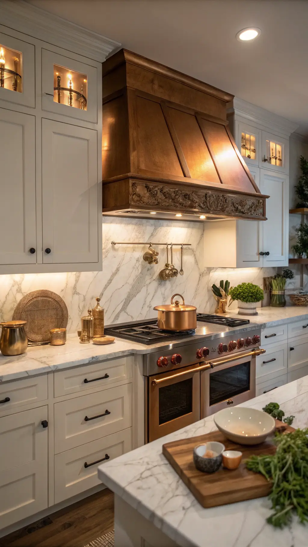Evening kitchen scene with hickory range hood, warm under-cabinet lights, premium stove, copper cookware, marble backsplash, and styled countertop with herbs and cutting boards.