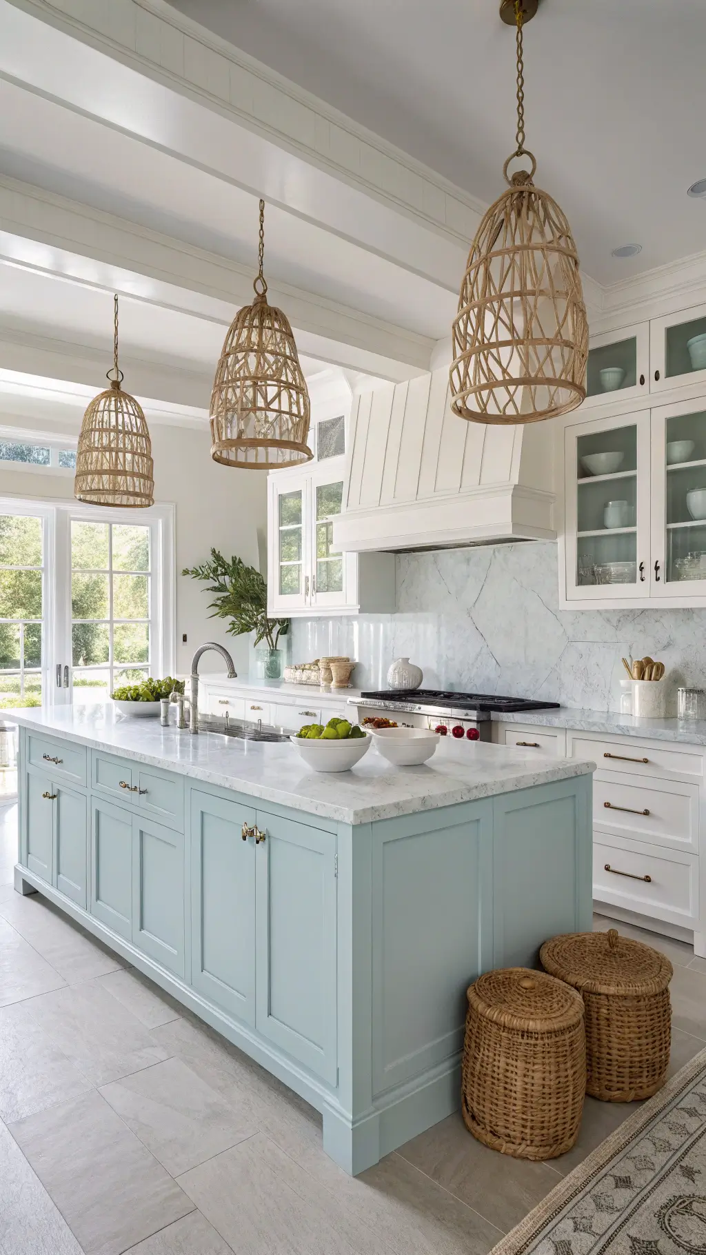 Coastal kitchen with white and powder blue shaker cabinets, marble countertops, rattan pendant lighting, and pale oak flooring.