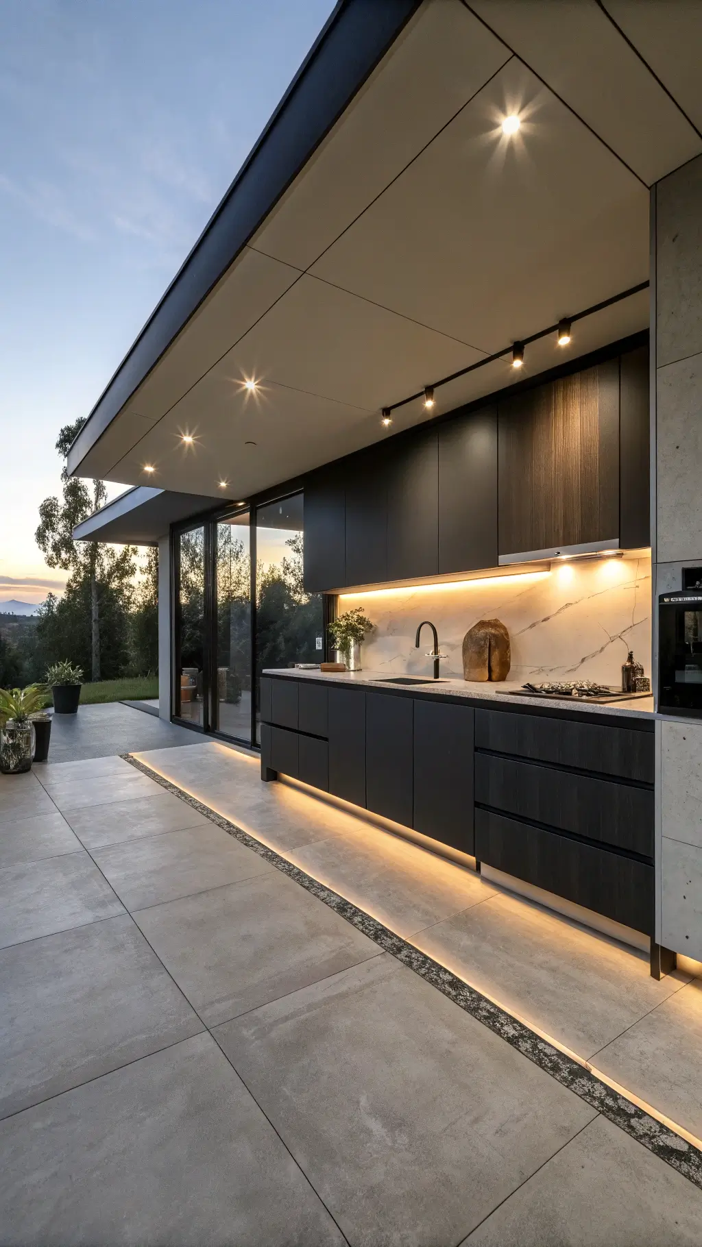 Sleek minimalist kitchen with matte black and warm gray cabinets, concrete floors, and ambient LED lighting.