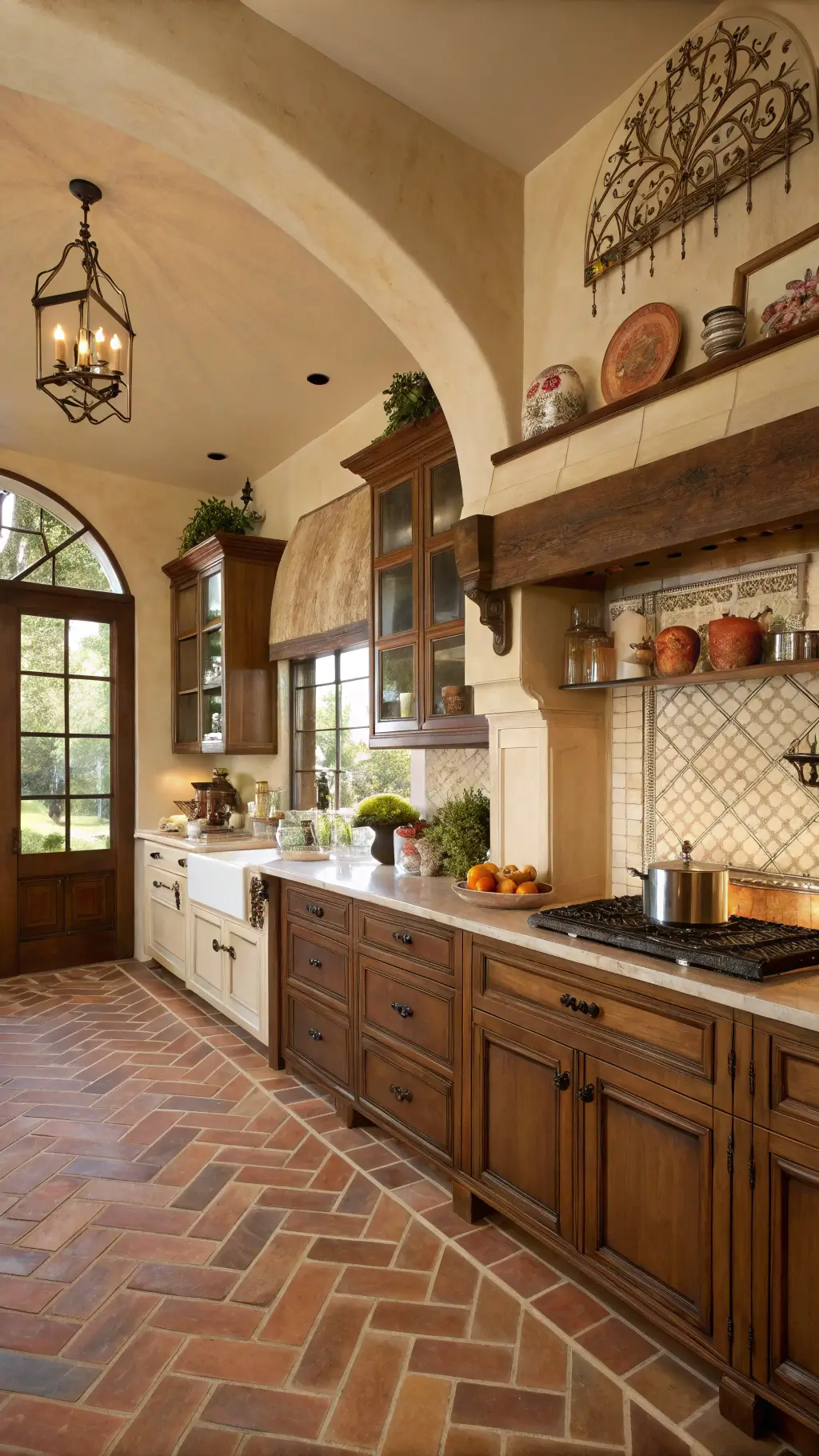 Mediterranean kitchen with walnut lower cabinets, cream upper cabinets, terracotta herringbone flooring, and vintage accents.