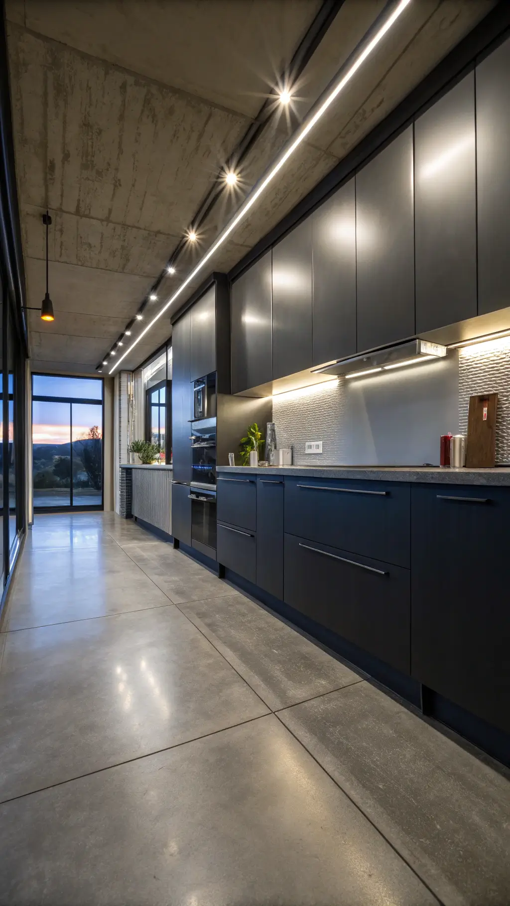 Industrial-modern kitchen with charcoal gray and stainless steel cabinets, polished concrete floors, moody LED lighting, and metallic accents.