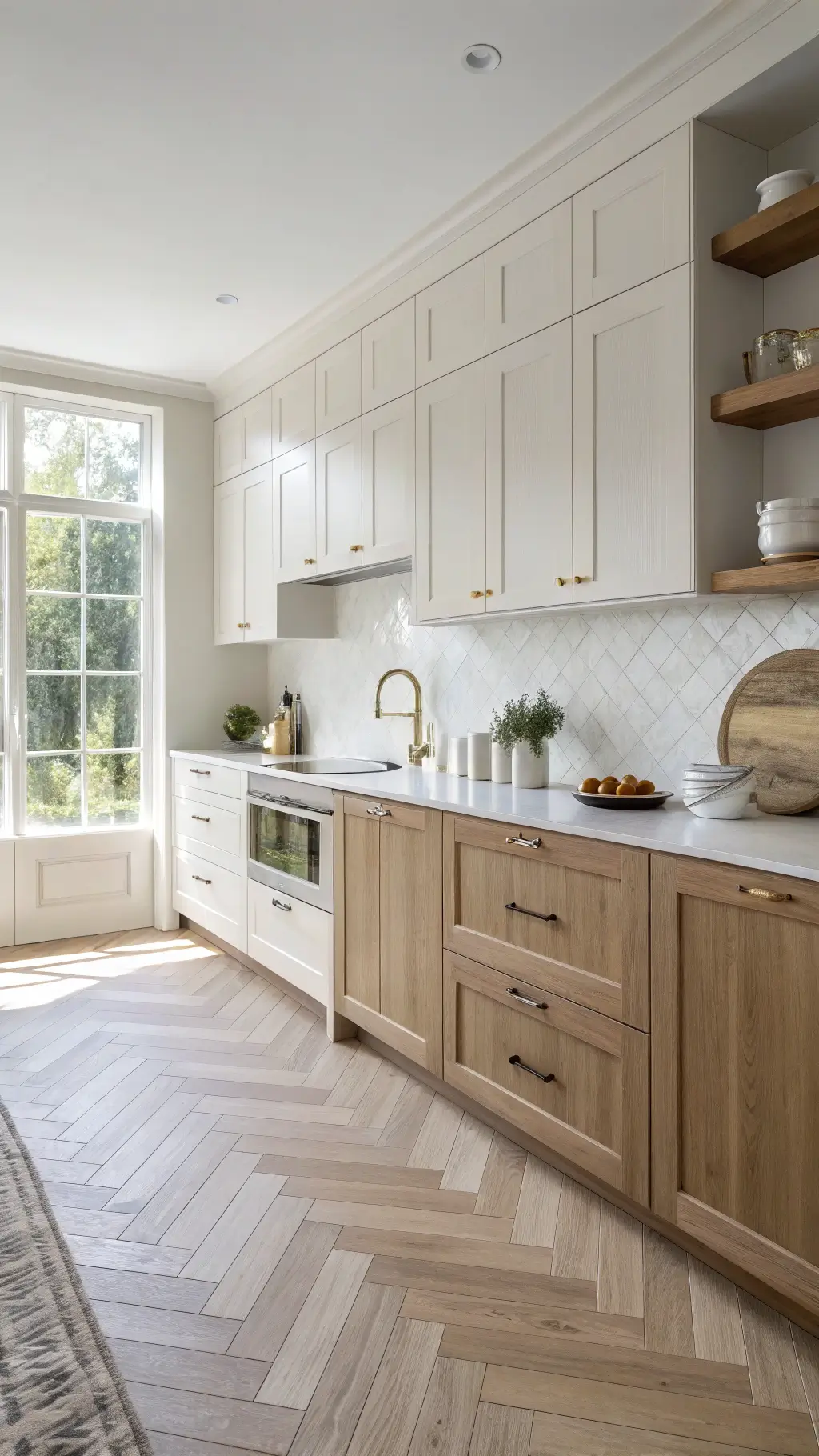 Bright Scandinavian kitchen with pale ash and white cabinets, white oak herringbone floors, and soft natural light.