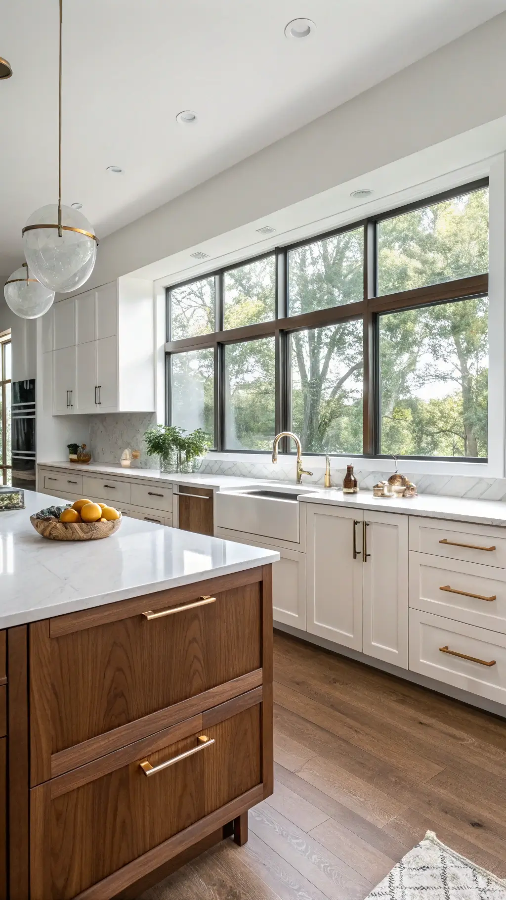 Contemporary kitchen with white and walnut Shaker cabinets, quartz countertops, and brushed gold hardware, lit by afternoon light from large windows.