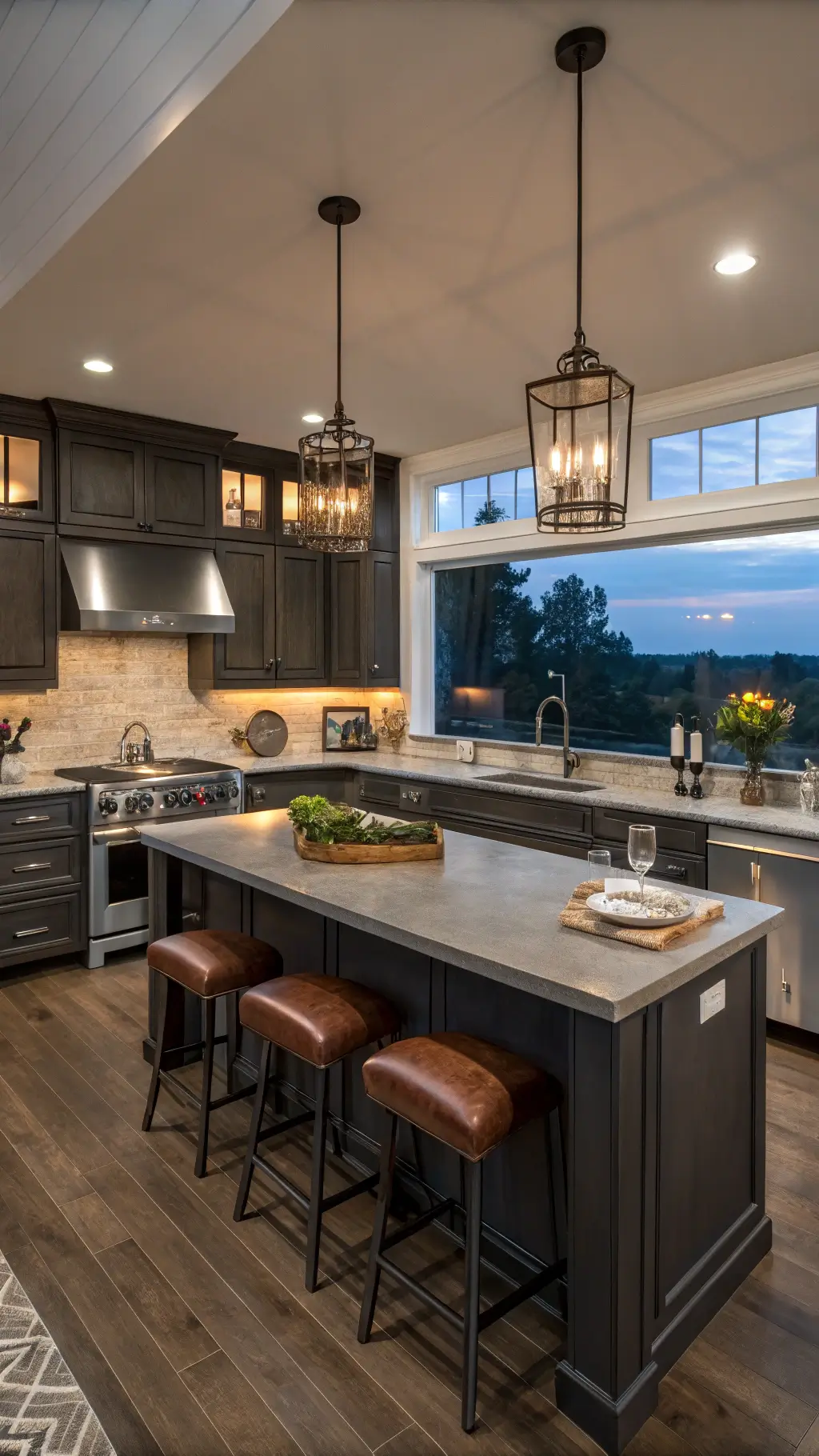 Overhead view of a 16x20ft professional kitchen with charcoal Shaker cabinets, stainless steel appliances, leather bar stools, and dramatic twilight lighting.