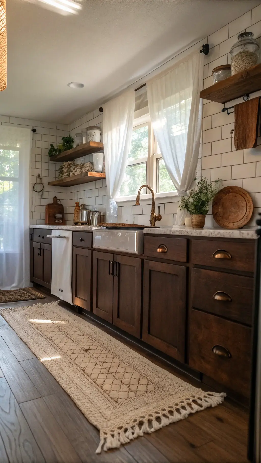 Bright farmhouse kitchen with dark chocolate shaker cabinets, white tile backsplash, vintage copper pots, and natural fiber rug.