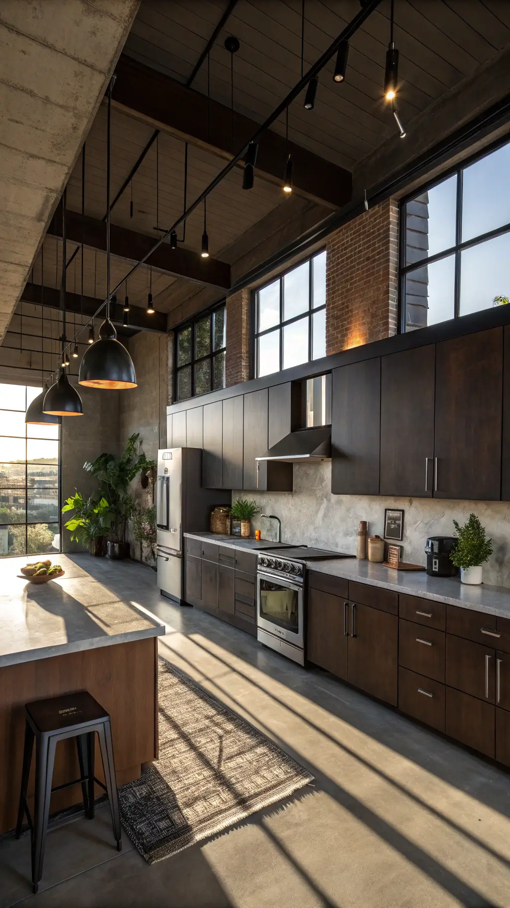 Industrial-style kitchen with espresso flat-panel cabinets, concrete counters, and brushed steel appliances illuminated by late afternoon light.