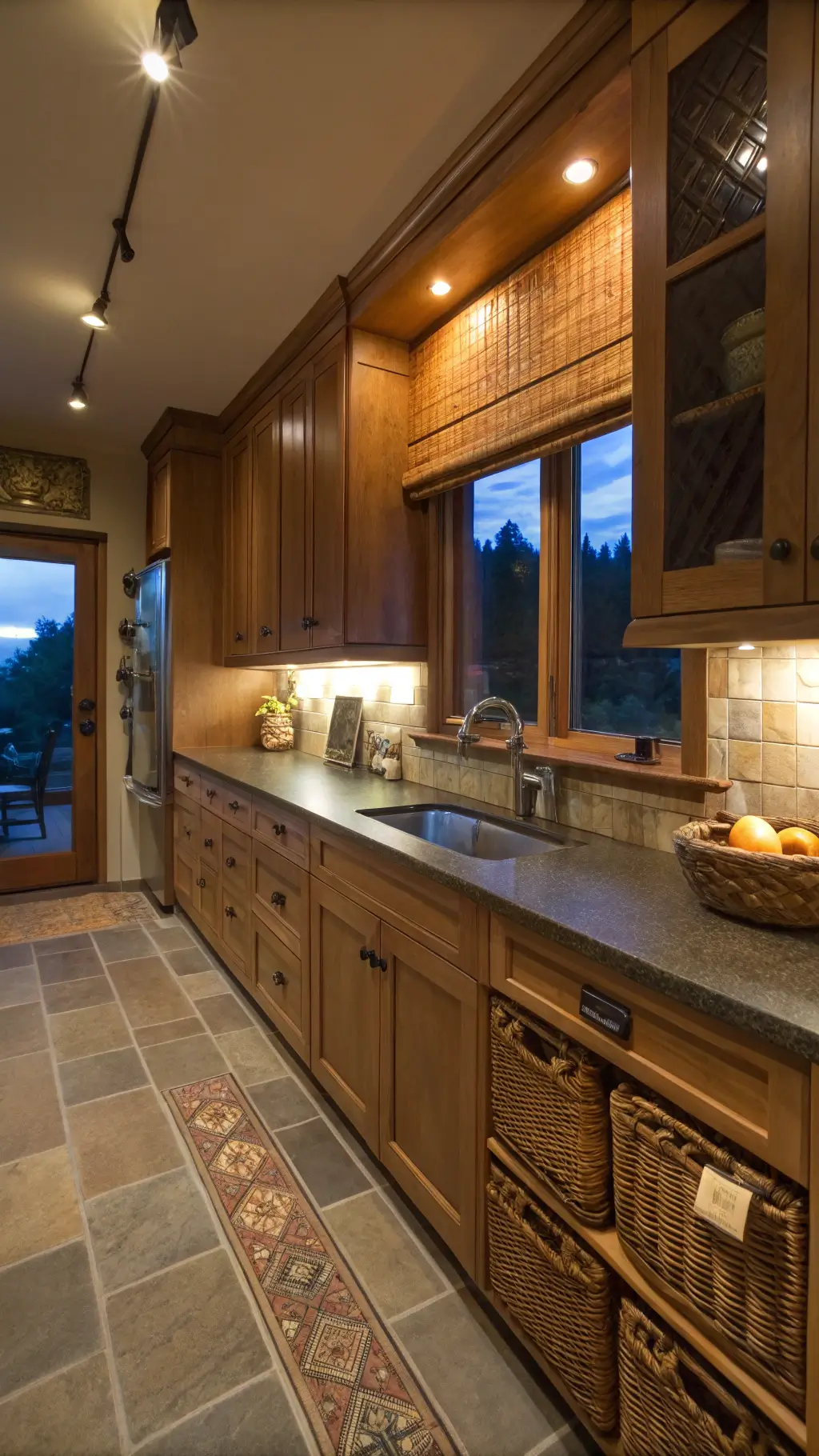 Compact galley kitchen with honey-toned Craftsman cabinets, warm lighting, copper sink, earth-colored tiles, and woven baskets for texture.