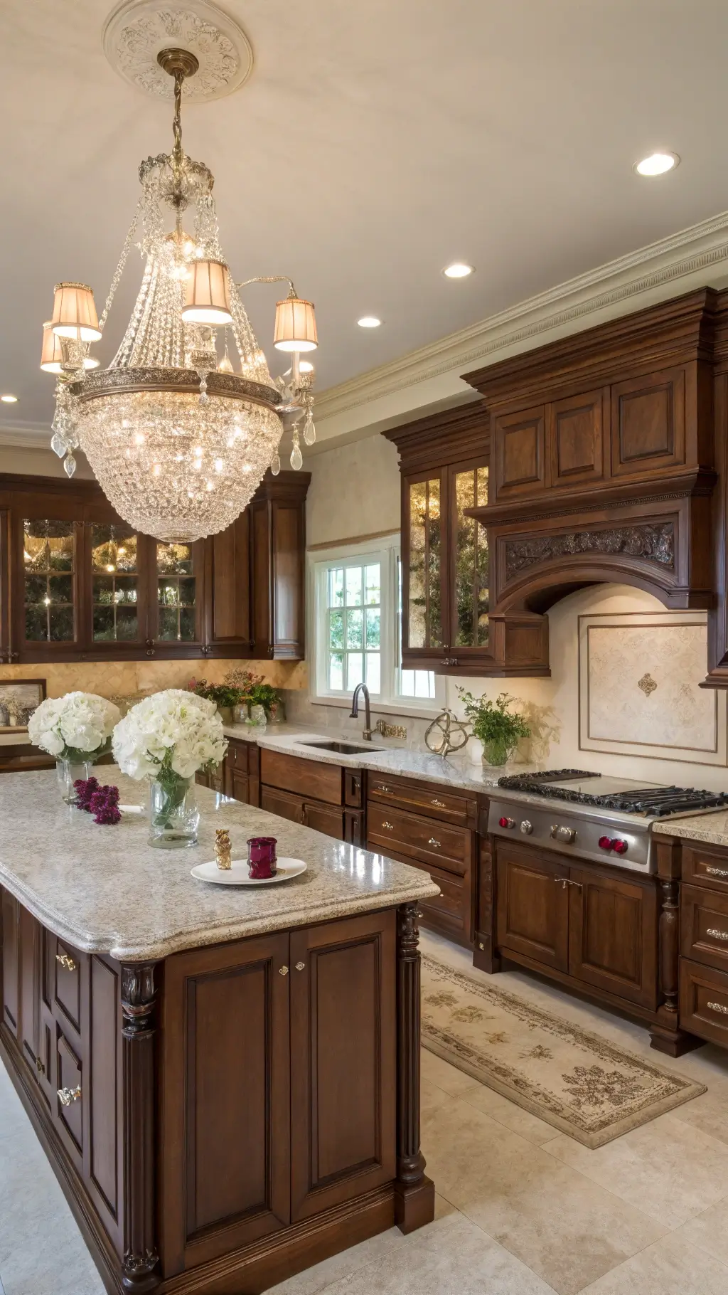 Elegant traditional kitchen with mahogany cabinets, granite countertops, crystal chandelier, and classic design accents.