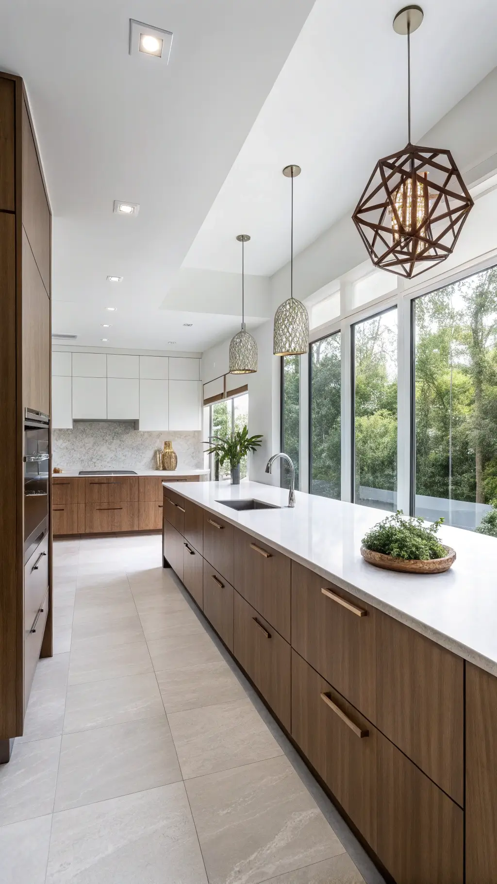 Minimalist kitchen with medium-brown slab cabinets, white quartz waterfall countertop, and brushed bronze pendant lighting, softly illuminated by diffused daylight.