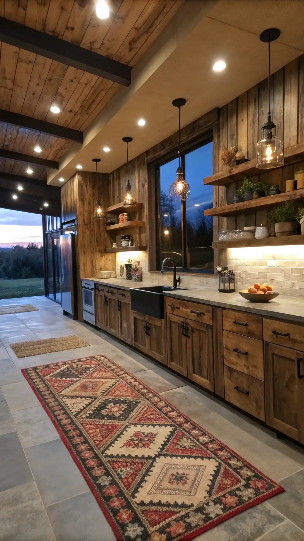 Rustic-modern kitchen with reclaimed wood cabinets, Edison bulb and LED lighting, live-edge shelving, artisanal pottery, black iron hardware, concrete counters, and vintage rug.