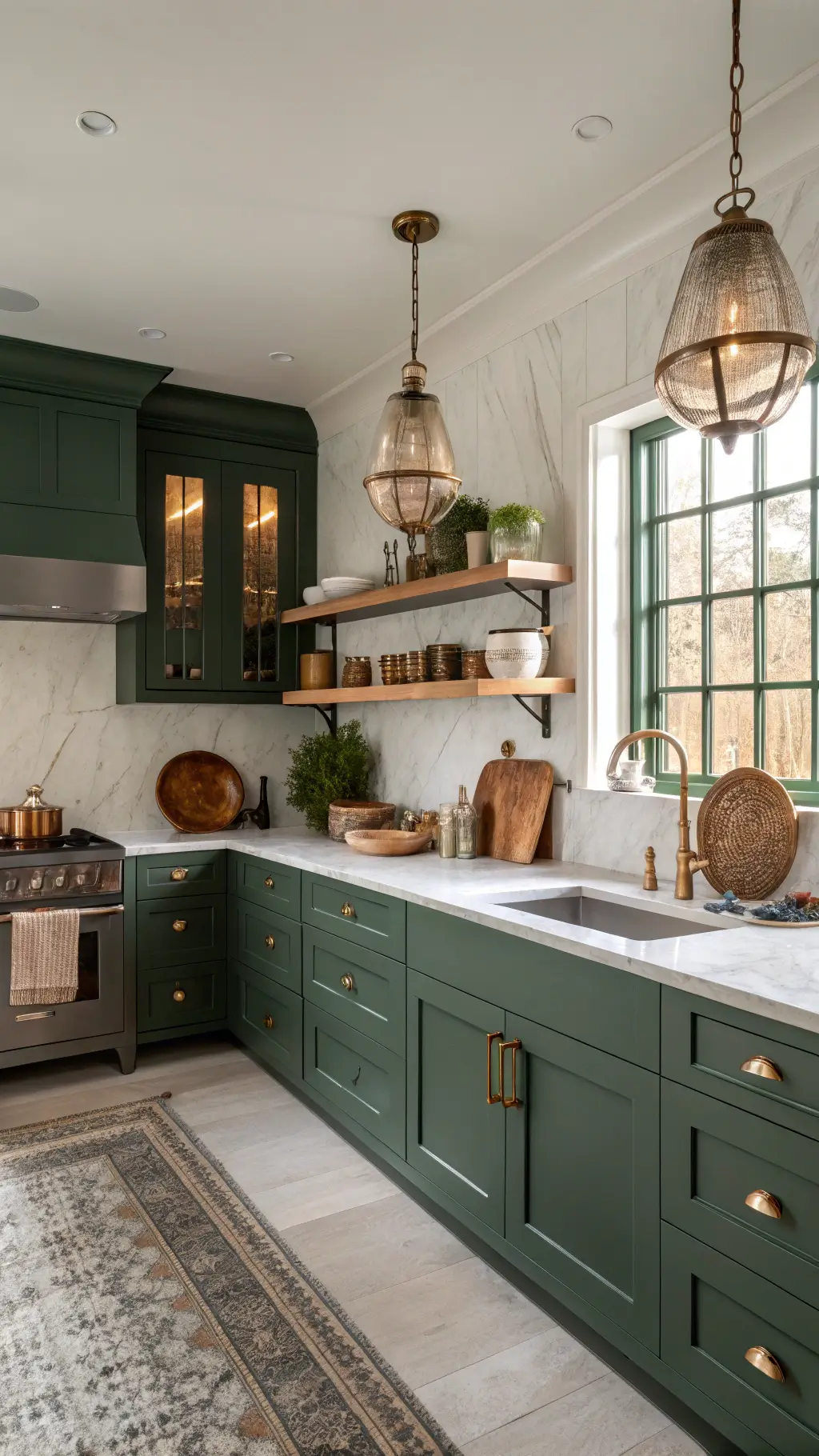Sophisticated kitchen with Deep Forest Green cabinetry, cream walls, brass hardware, marble backsplash, and warm ambient lighting.
