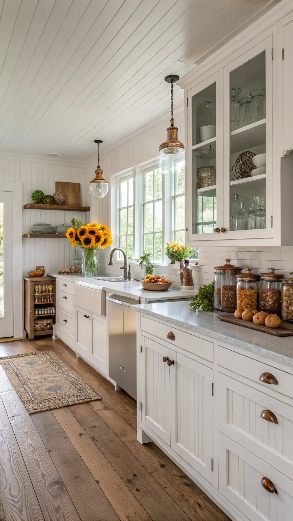 Bright farmhouse kitchen with white beadboard cabinets, large island, oak flooring, shiplap walls, and vintage copper cookware.