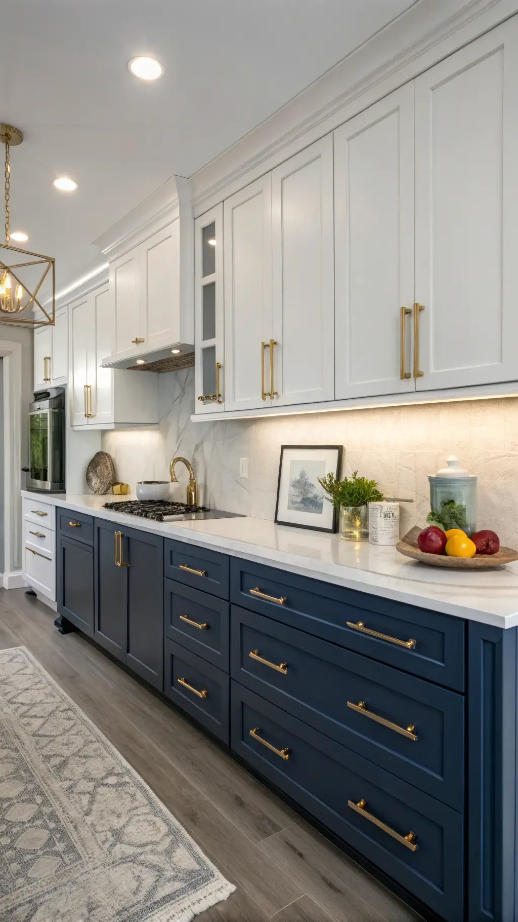 Sleek kitchen with Midnight Blue lower cabinets, white upper cabinets, brushed gold hardware, limestone countertops, and soft lighting.