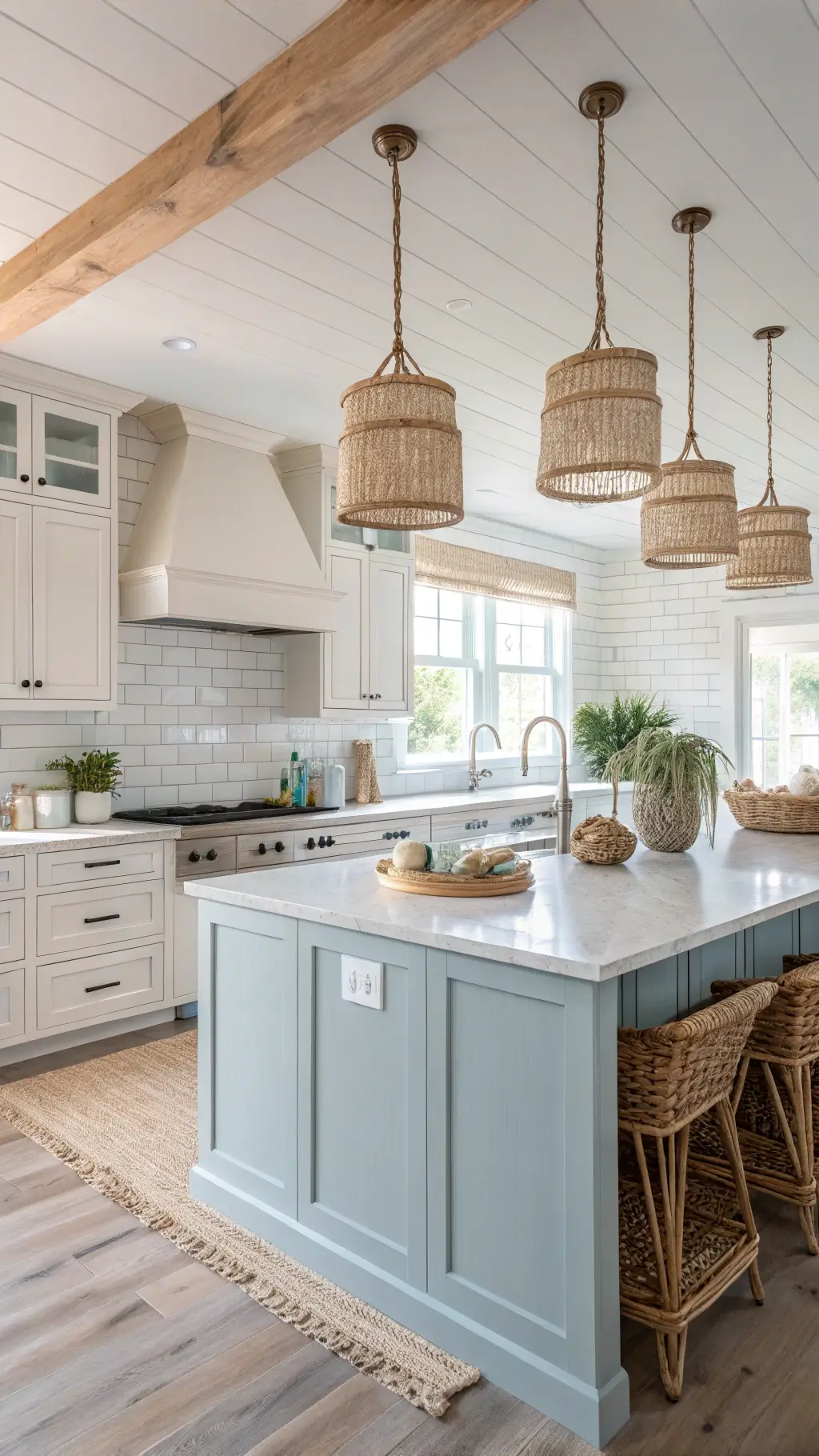 Coastal-inspired kitchen with sandy-toned cabinets, pale blue island, rope pendant lighting, and natural decor illuminated by soft afternoon light.