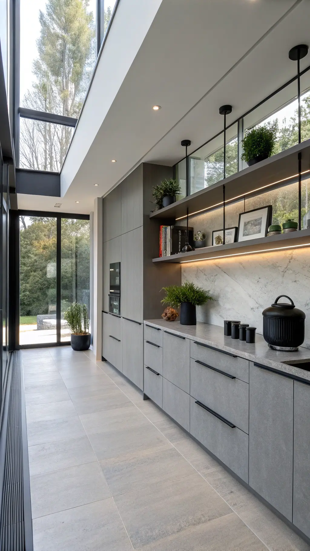 Minimalist kitchen with matte gray cabinets, expansive windows, floating shelves, black ceramics, large artwork, and greenery in black pots.