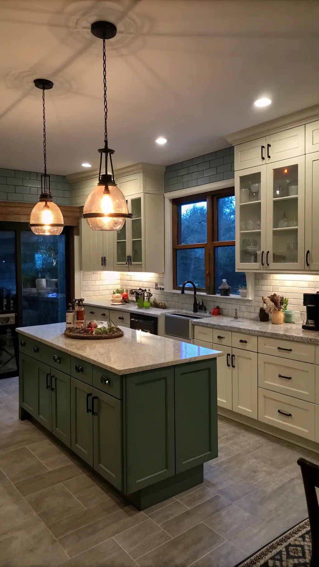 Transitional kitchen at blue hour with sage green lower cabinets, cream uppers, and warm pendant lighting over quartz countertops.