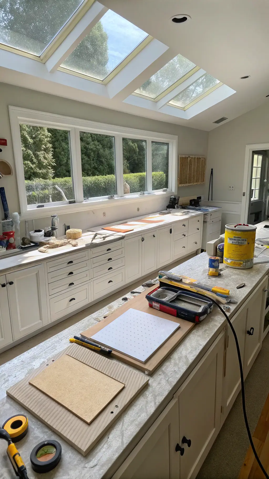High-angle view of a bright, organized kitchen workspace with tools, sandpaper, and primers neatly arranged on a clean surface, cabinet doors in various finishing stages under daylight from skylights.