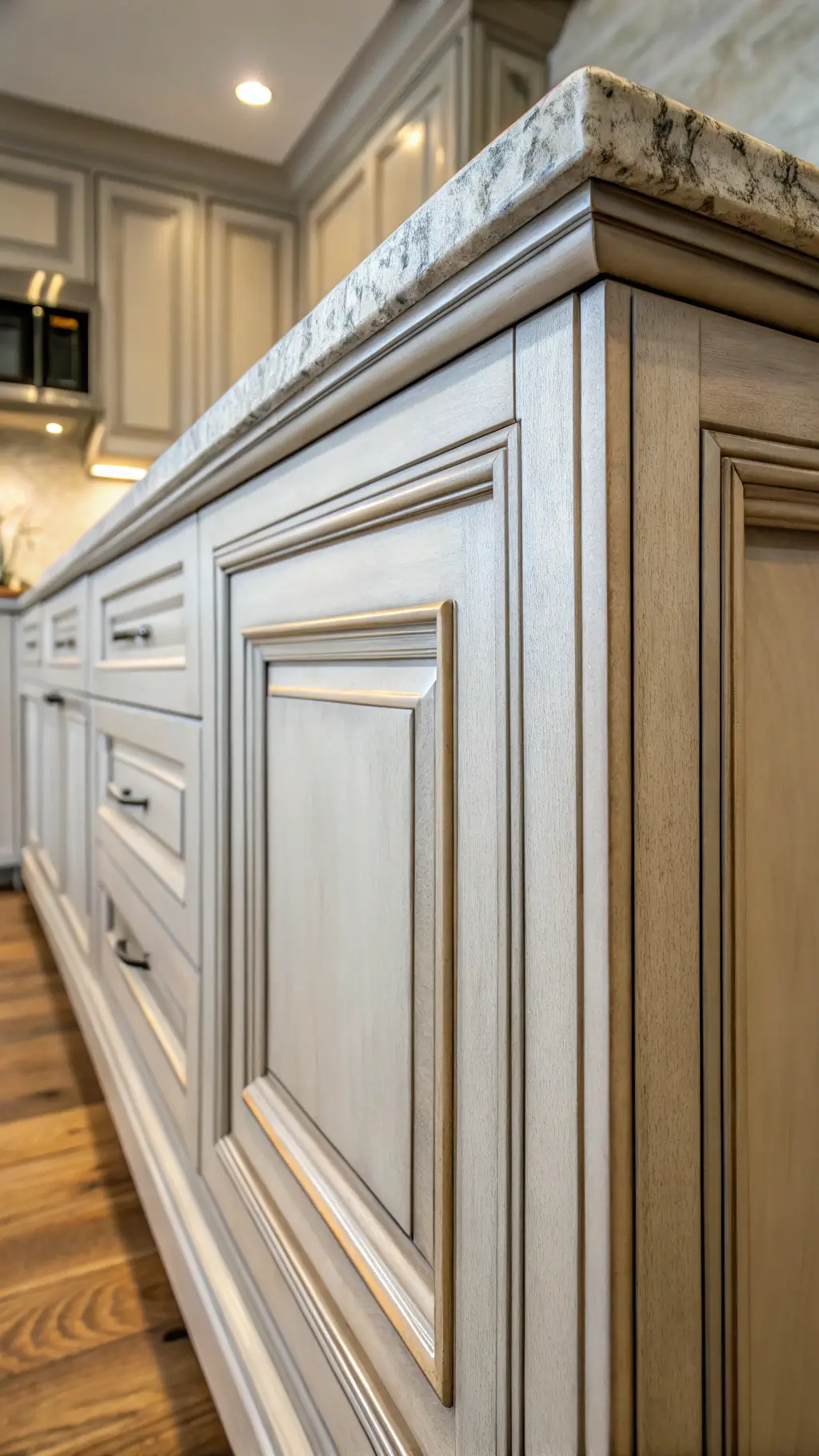 Extreme close-up of a contemporary kitchen cabinet corner showing smooth paint layers, brush stroke texture, and professional painting tools in studio lighting.