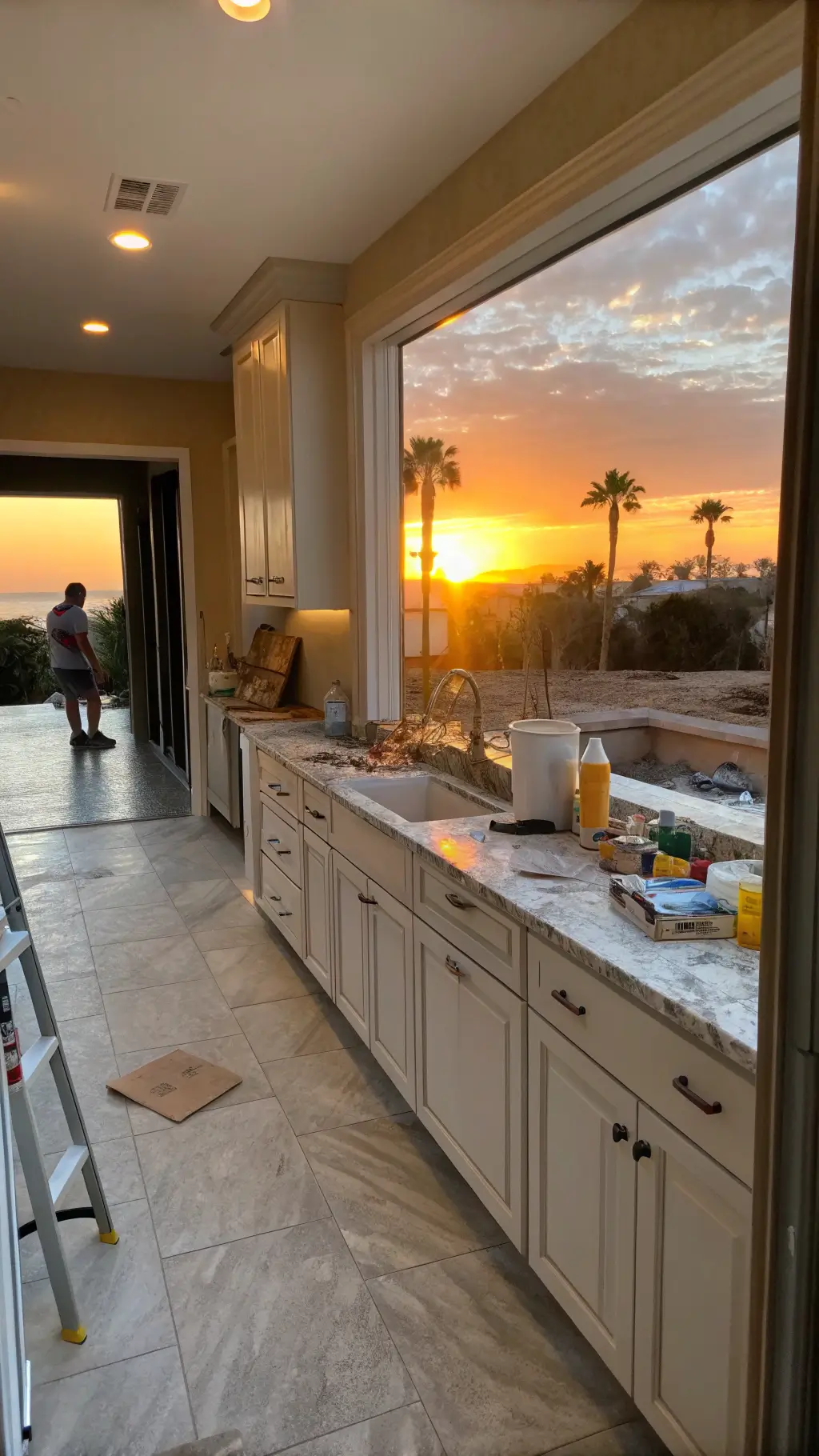 Sunset-lit kitchen renovation in progress, showing space with contrasting old and new cabinets, warm golden hour light highlighting surface textures, hardware samples, and painting supplies on marble counter, viewed from the entrance.