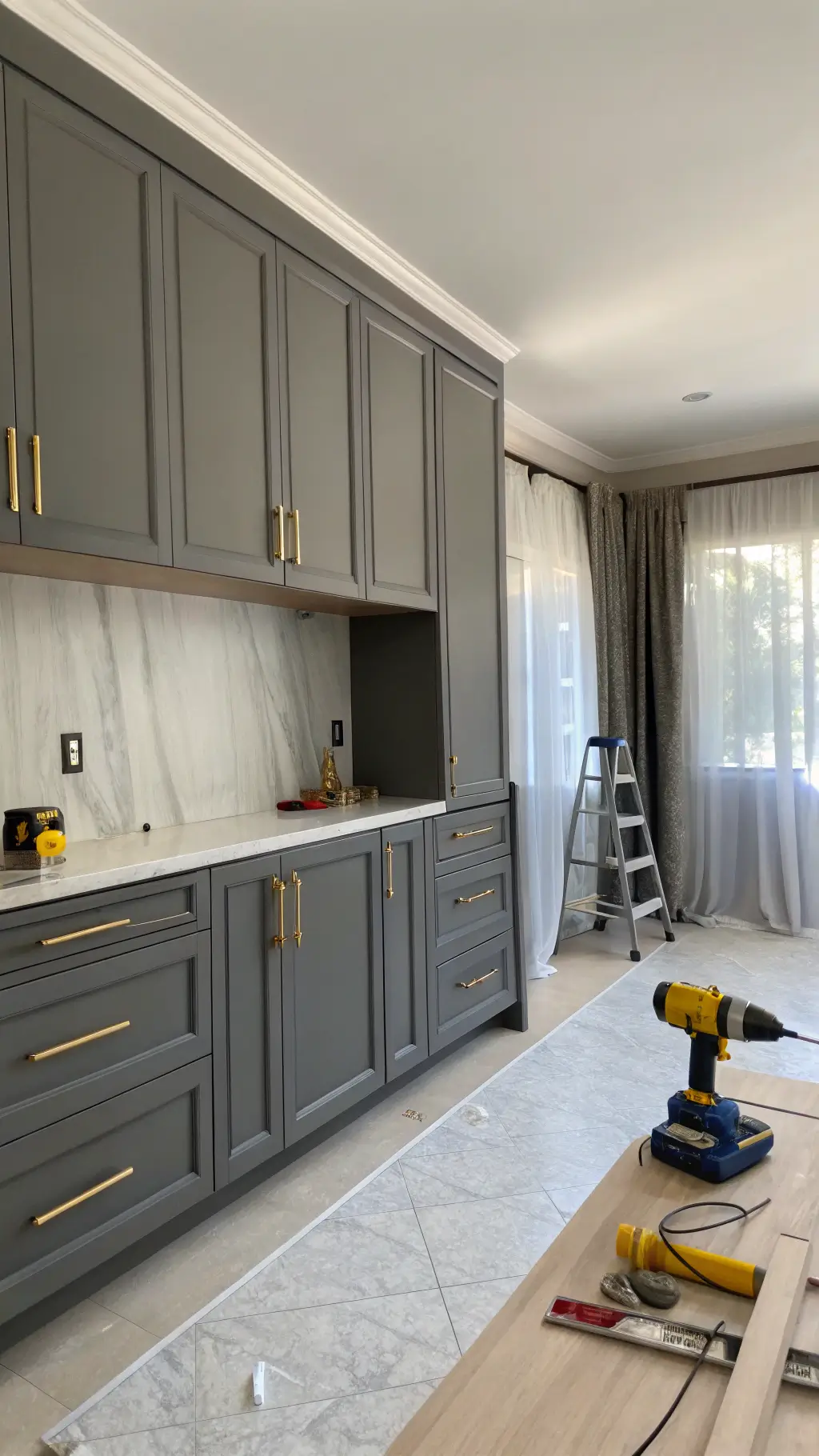 Low-angle view of a bright kitchen with charcoal gray cabinets, new brass hardware options on display, and professional tools set up for installation in soft natural light.