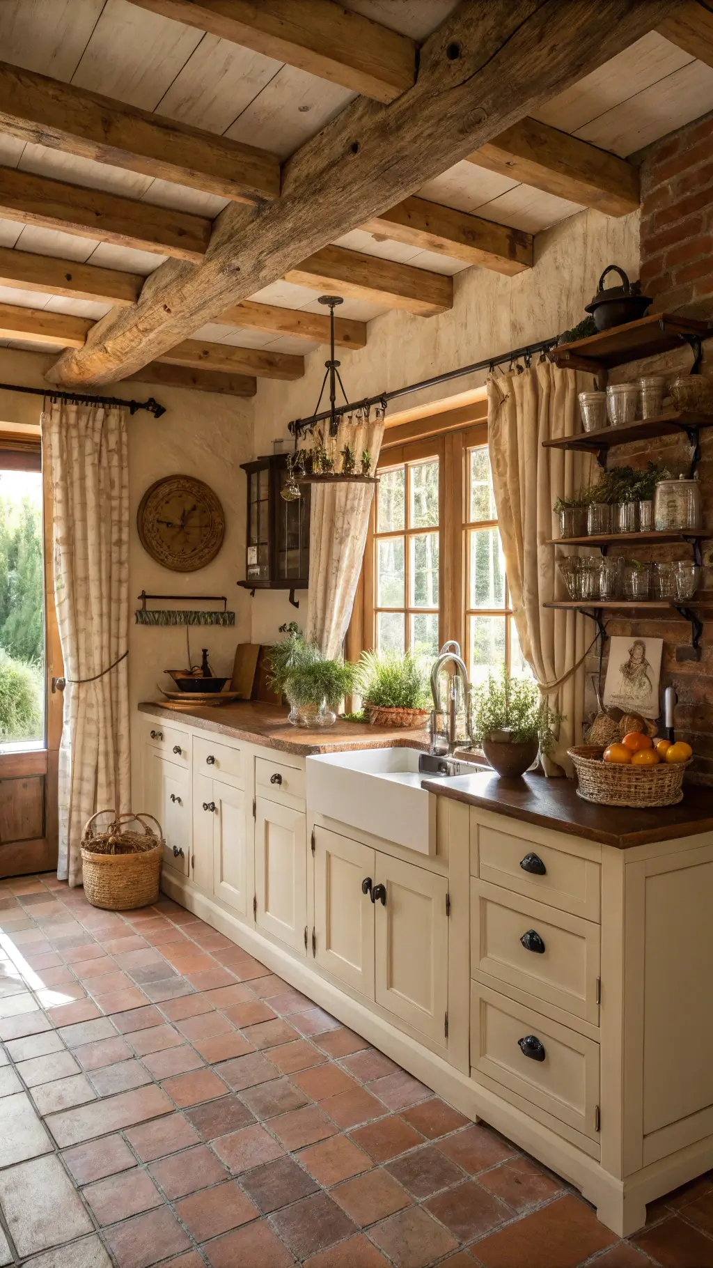 Rustic farmhouse kitchen with exposed beams, cream distressed cabinets, butcher block island, brick backsplash, terracotta floor, and golden hour light filtering through cafe curtains.