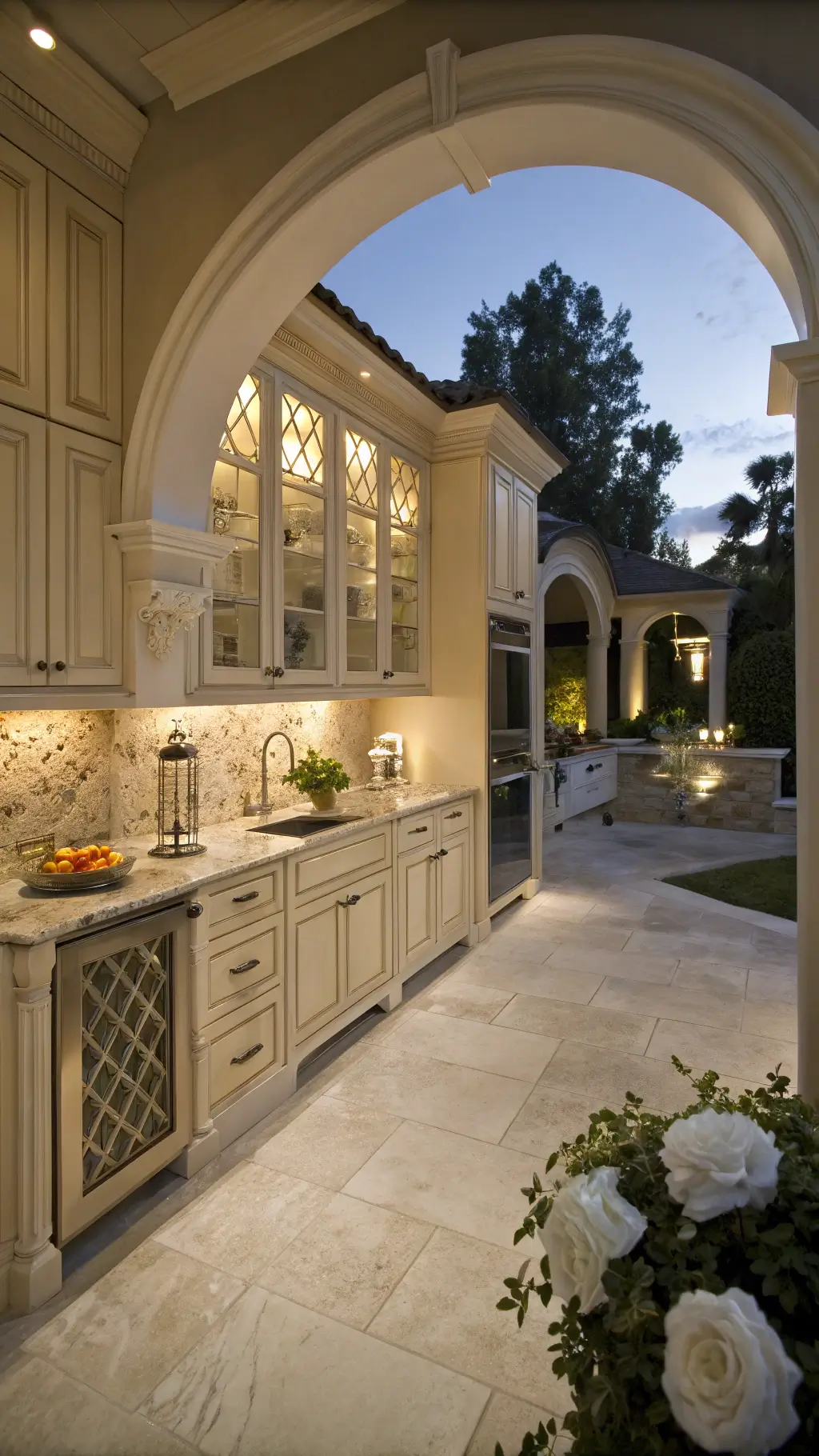 Transitional 20x18ft kitchen with ivory cream cabinets, marble mosaic backsplash, gray limestone floors, and arched doorways, softly lit at dusk with under-cabinet lighting and dramatic backlighting.