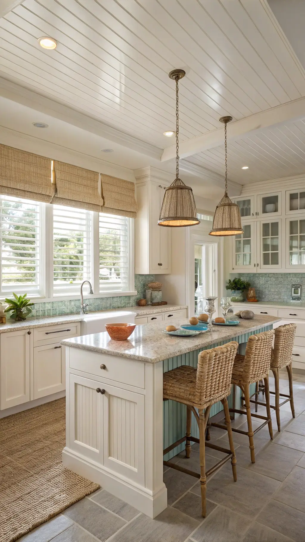 Coastal kitchen with sandy cream cabinets, aqua island, seagrass barstools, and plantation shutters lit by late afternoon sunlight.