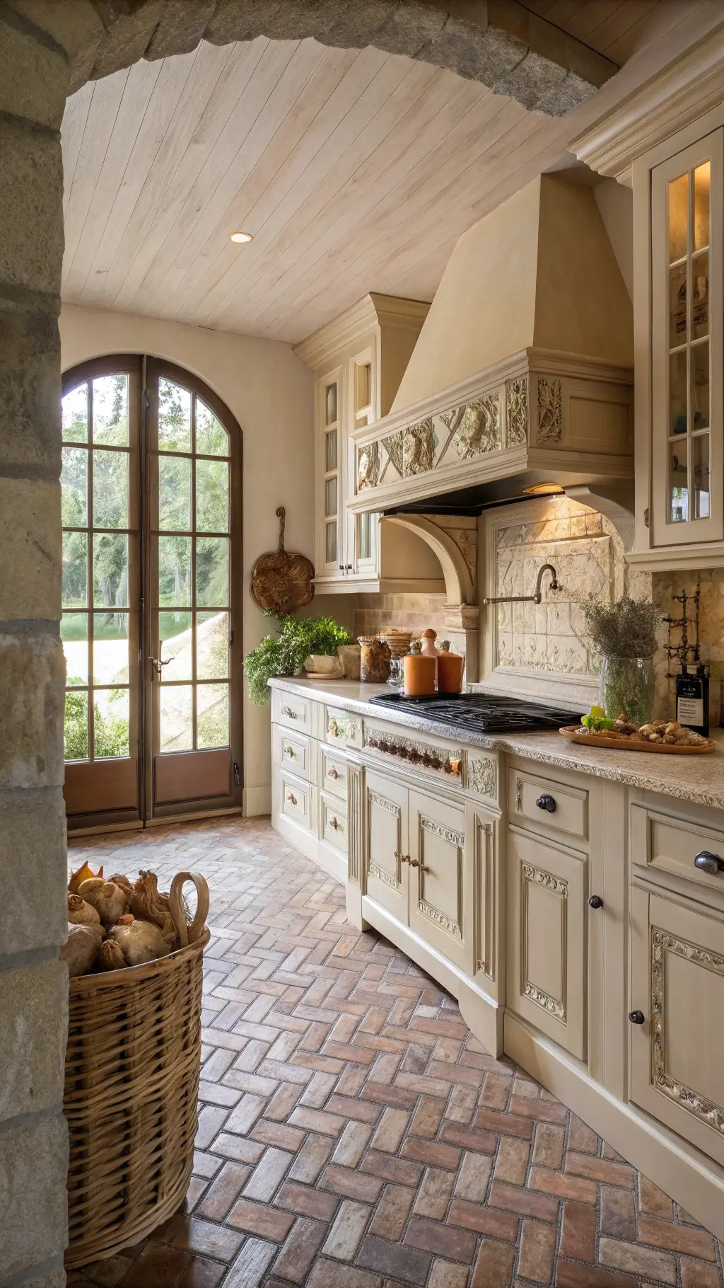 French country kitchen with cream antique cabinets, herringbone brick floor, limestone counters, and copper cookware, bathed in soft morning light through divided windows.