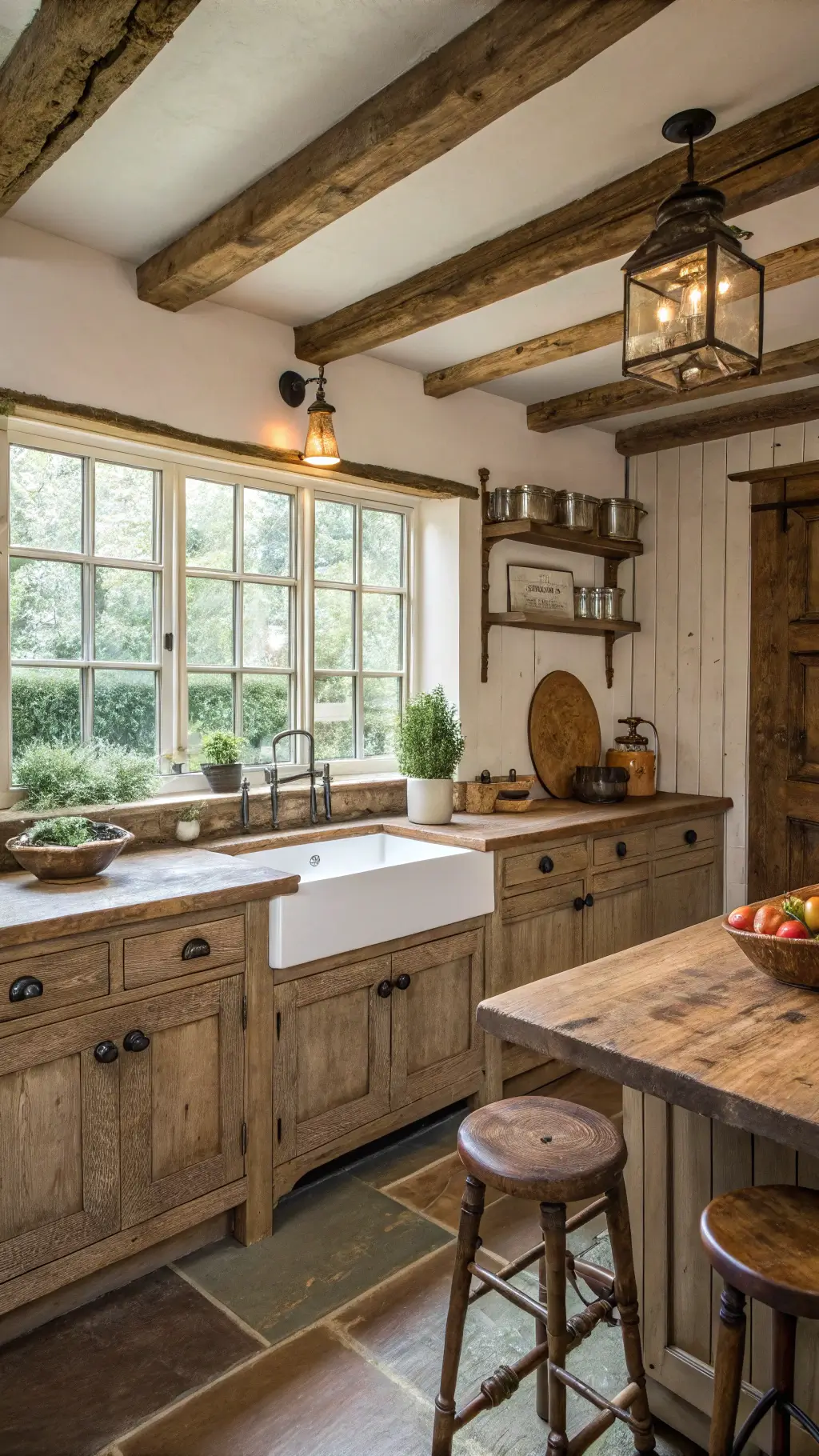 Rustic oak farmhouse kitchen with weathered cabinets, exposed beams, and morning light filtering through cottage windows.