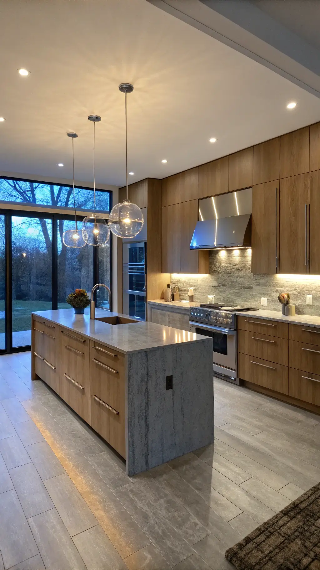 Contemporary maple kitchen at twilight with glowing LED-lit cabinets, concrete waterfall island, and stainless steel appliances reflecting cool evening light.
