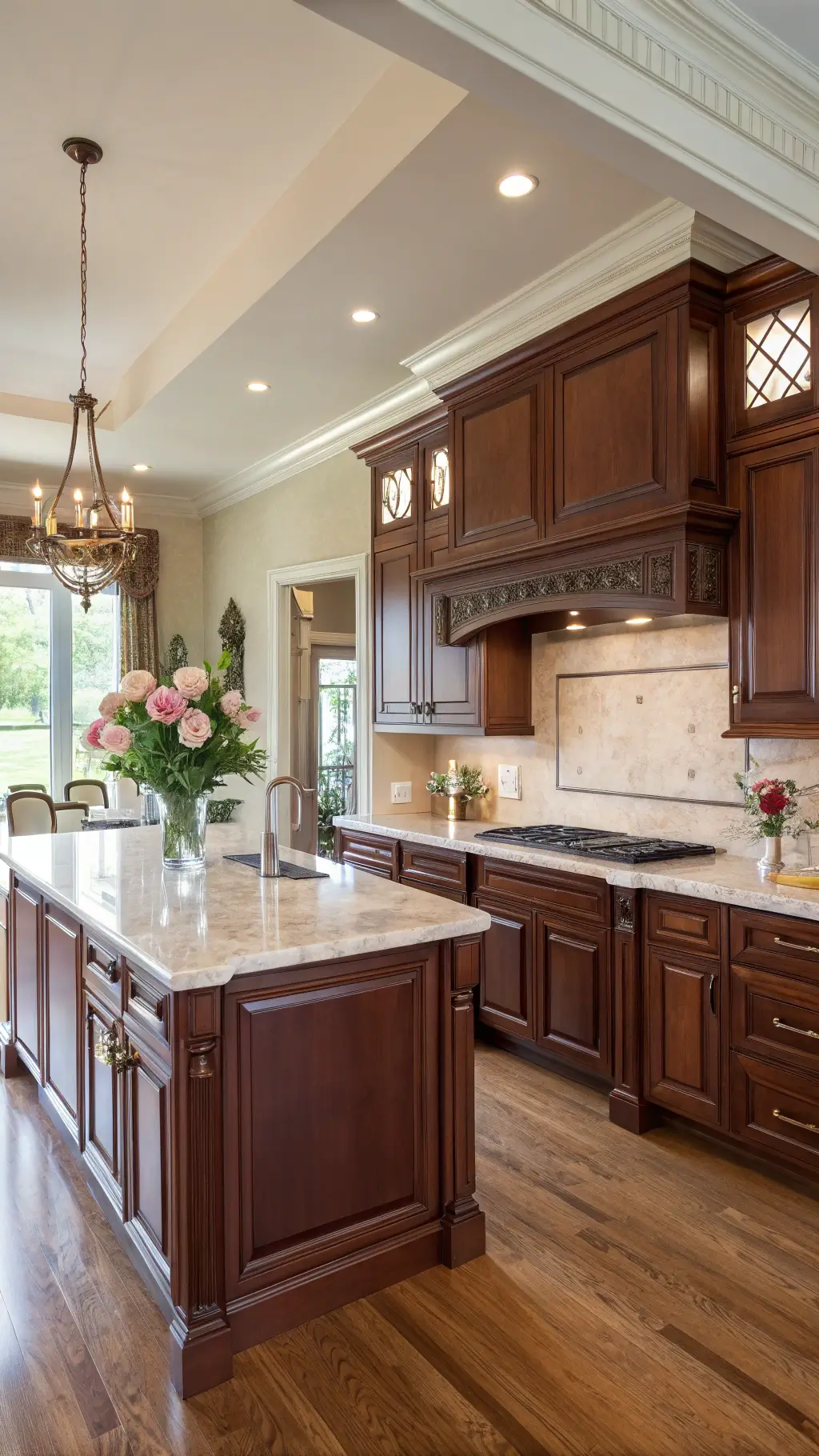 Elegant 14x16ft kitchen with cherry cabinets, cream marble countertops, copper and rose gold accents, herringbone wood floors, and morning light streaming in.