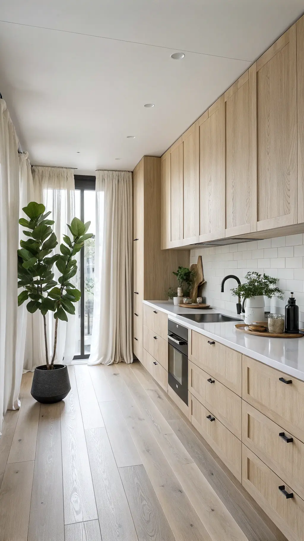 Scandinavian minimal kitchen with bleached birch cabinets, white oak floors, matte black hardware, and fiddle leaf fig in bright, serene setting.