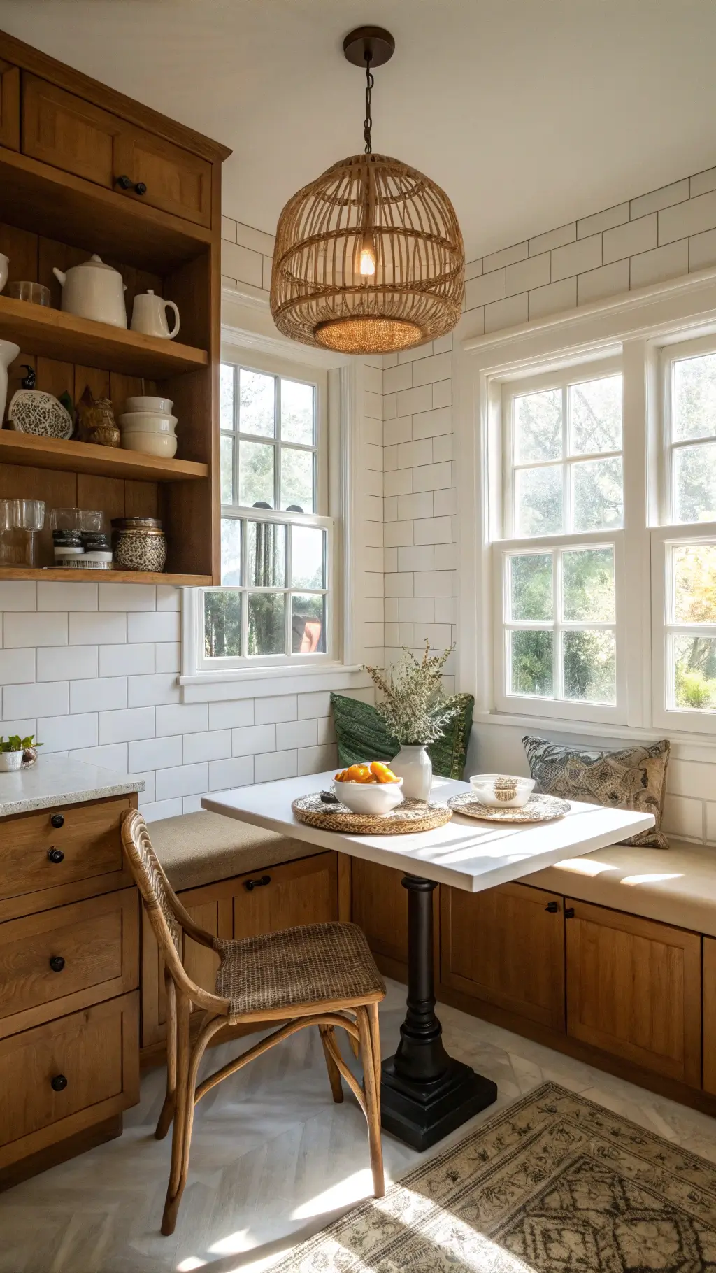 Inviting breakfast nook with honey-toned cabinets, white subway tile backsplash, morning sunlight casting shadows, and handcrafted pottery on open shelving.