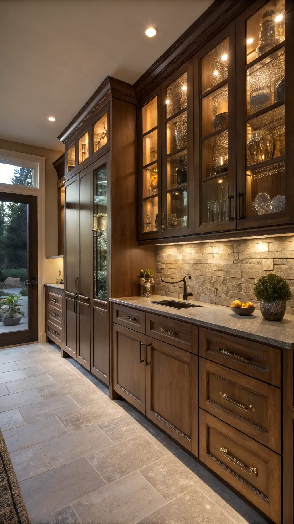 Evening kitchen scene with warmly lit brown cabinets, brass fixtures, granite countertops, and illuminated niches displaying ceramic art pieces.