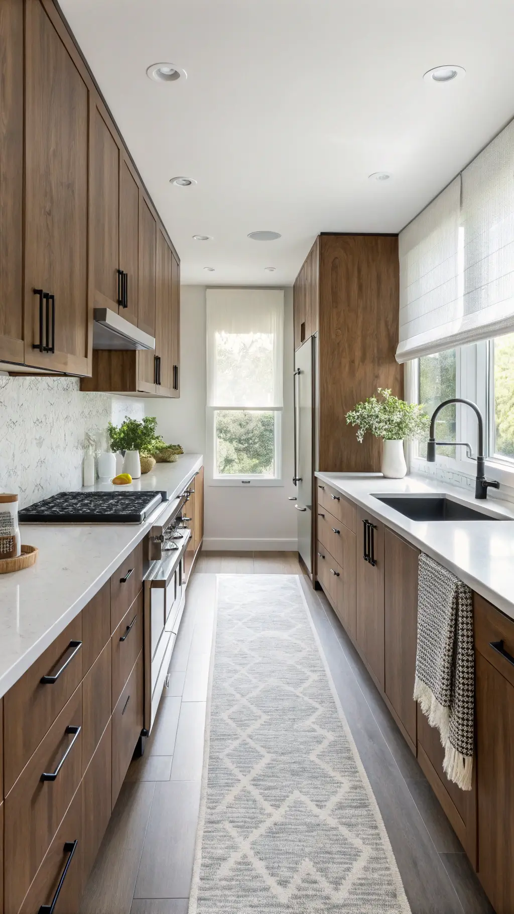 Contemporary 8x14ft galley kitchen with walnut cabinetry, white quartz countertops, matte black fixtures, and soft morning light filtering through sheer curtains.