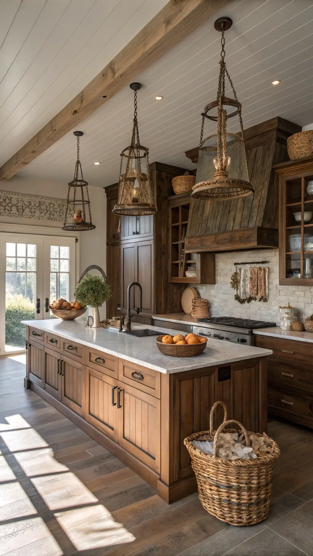 Cozy rustic farmhouse kitchen with walnut beadboard cabinets, reclaimed wood island, copper pendant lighting, and vintage-inspired decor bathed in warm afternoon light.