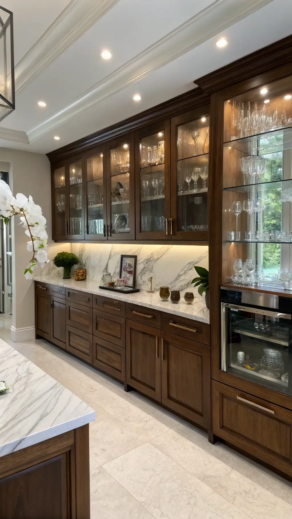L-shaped kitchen with walnut cabinetry, marble backsplash, stainless steel appliances, and glass-front cabinets styled with silverware and white orchids.